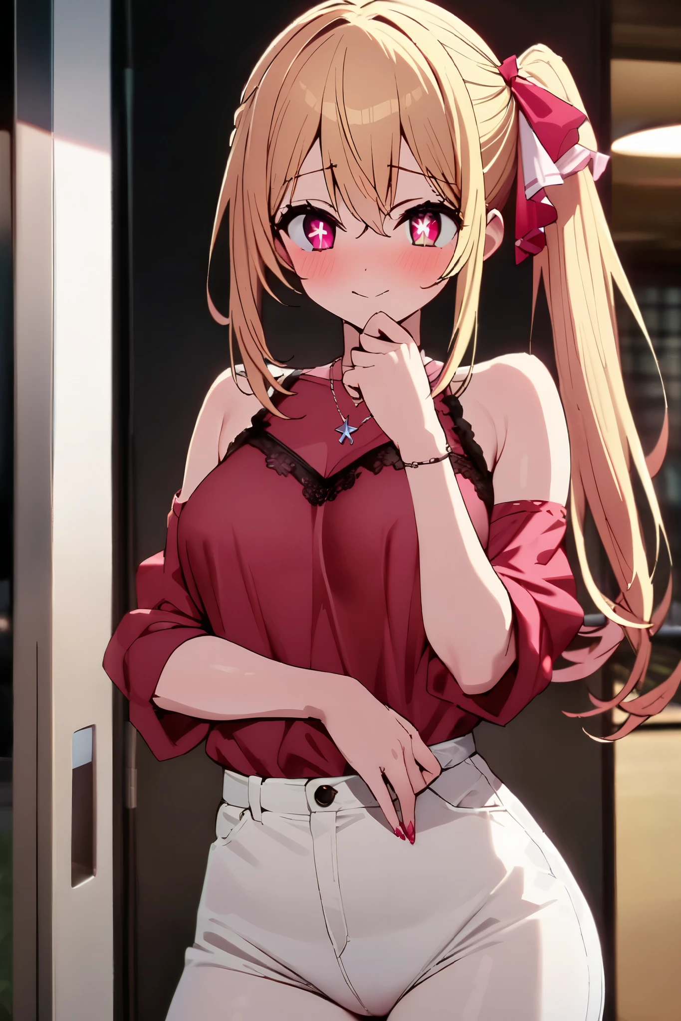 NSFW,masterpiece, top quality , high res, very detailed,Hoshino Ruby\(My Favorite \),Star-shaped pupils, long hair, side ponytail,Blonde, casual clothes,Date