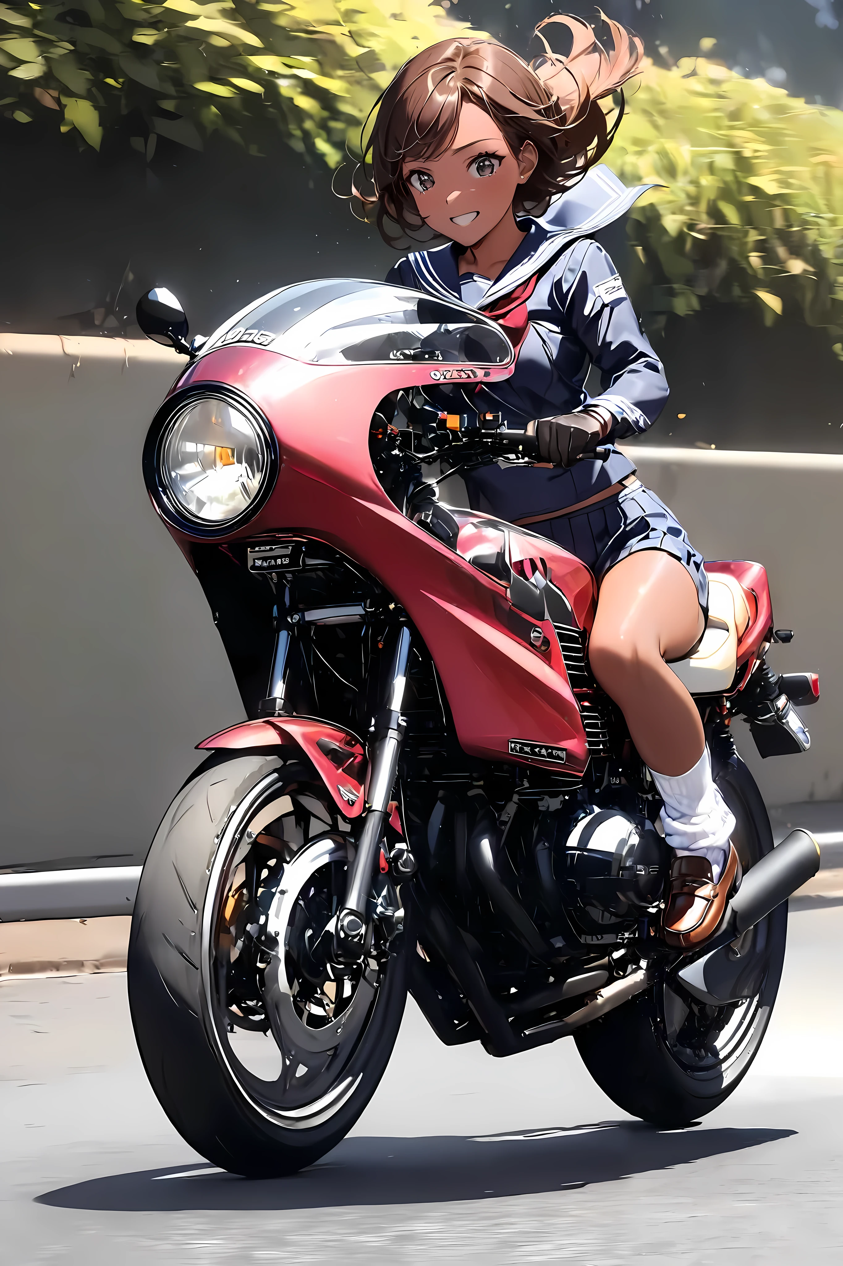 1 high school girl rides a motorcycle tuned to Honda CBX400F cafe racer specifications, a separate handlebars, rocket cowl, sailor suit, loose socks, loafers, glossy brown skin, small breasts, video, inviting , top quality , leather gloves
