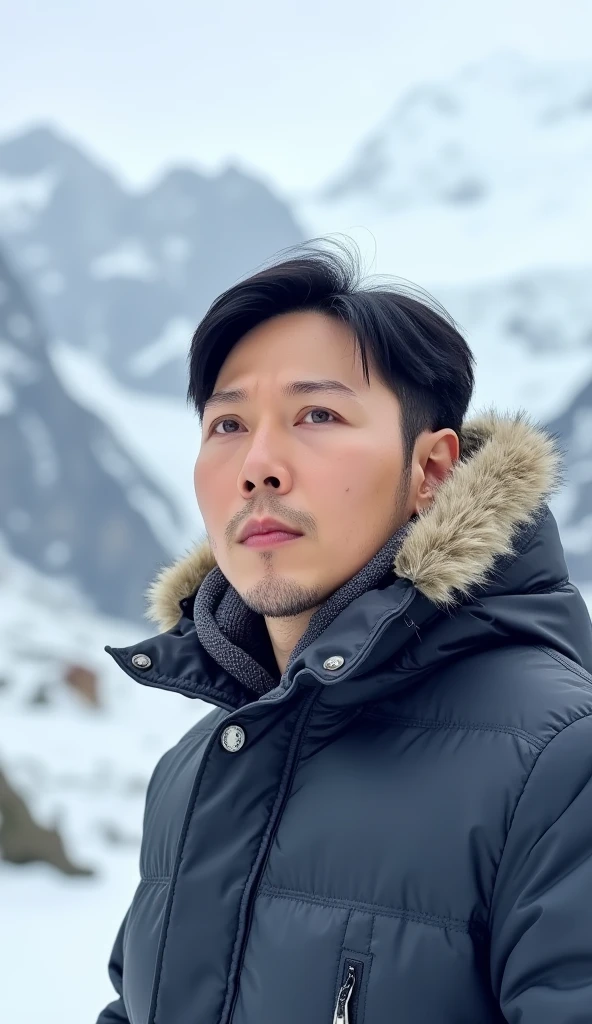 jojo, 37-year-old male, Masterpiece, best quality best East Asian people, one person, 8k, high detail, high detail, detail eyes, hyper realistic, (photorealism:1.2), Black hair with gray Sporadic, HD picture, A man in a cozy winter coat stands amidst the breathtaking Dagu Glacier National Park backdrop It's snowing, where snow-capped peaks tower under a crisp, icy sky. The air is frigid, her breath visible as she gazes at the serene, frosty landscape. The scene exudes tranquility and nature's raw beauty. highly detailed, detail libs, detail eyes, detail nose, perfect shape, detail face, short hair,