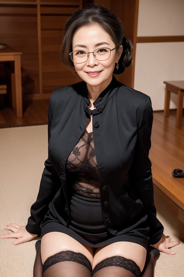highest quality, 8k, High resolution, Very detailed, Realistic:1.37, anti-gravity environment, Beautiful Japanese Women, Mature Woman, Lady, Elderly woman, 55-year-old married woman, (Small breasts), Beautiful breasts, Soft Breasts, Sexy Breasts, Sweaty skin, (Full body emphasis), Fine wrinkles, Beautiful Lips, Sparkling Eyes, Looking straight ahead, A gentle smile, Red lipstick, Pearl Earrings, Pearl Necklace, Hotel room, Low Ponytail, Fox-shaped glasses, Intelligent teacher, Sexy rubber suit, Lewd appearance, Glamour