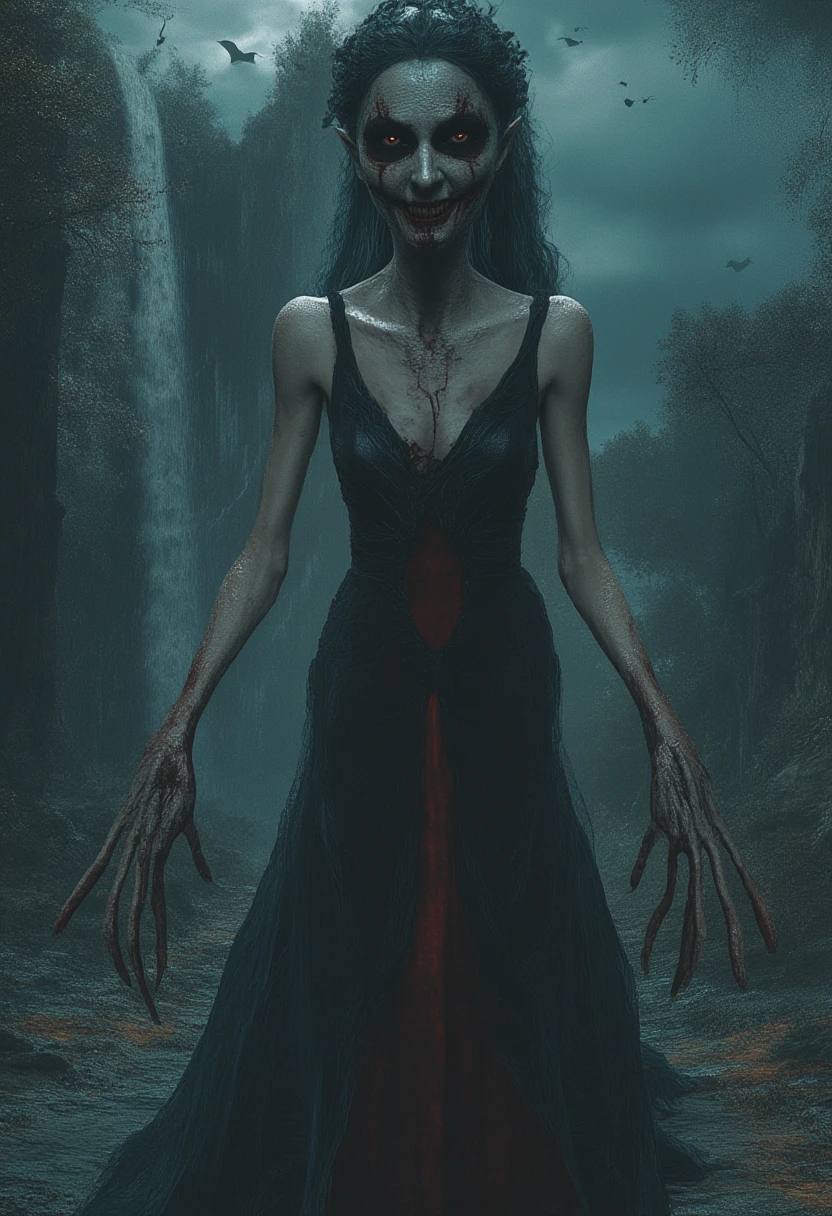Photorealism 1.2 high definition women full  white dress  filthy dress long hair hanging at dead tree with hooks on shoulder smoke effect ugly scariest face blood Asian rain forest background dusk effect zombie face deep jungle full white dress floating in the air