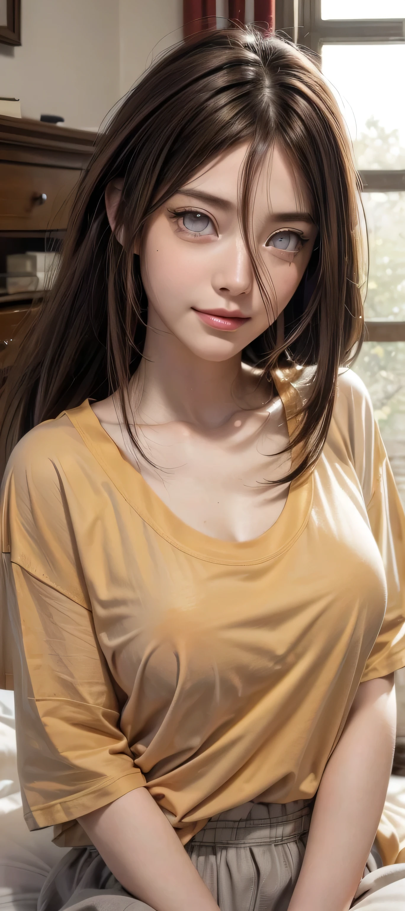 masterpiece, best quality, (realistic,photo-realistic:1.4), (RAW photo:1.2), extremely detailed CG unity 8k wallpaper, delicate and beautiful, amazing,finely detail, official art, absurdres, incredibly absurdres, huge filesize, ultra-detailed,extremely detailed eyes and face,light on face,hanabi hyuuga,(little smile),(brown hair:1.4),(long hair:1.4),(hair between eyes:1.4),(wearing t-shirt:1.5), (light grey eyes: 1.5), (bedroom:1.5), (big breast:1.3)