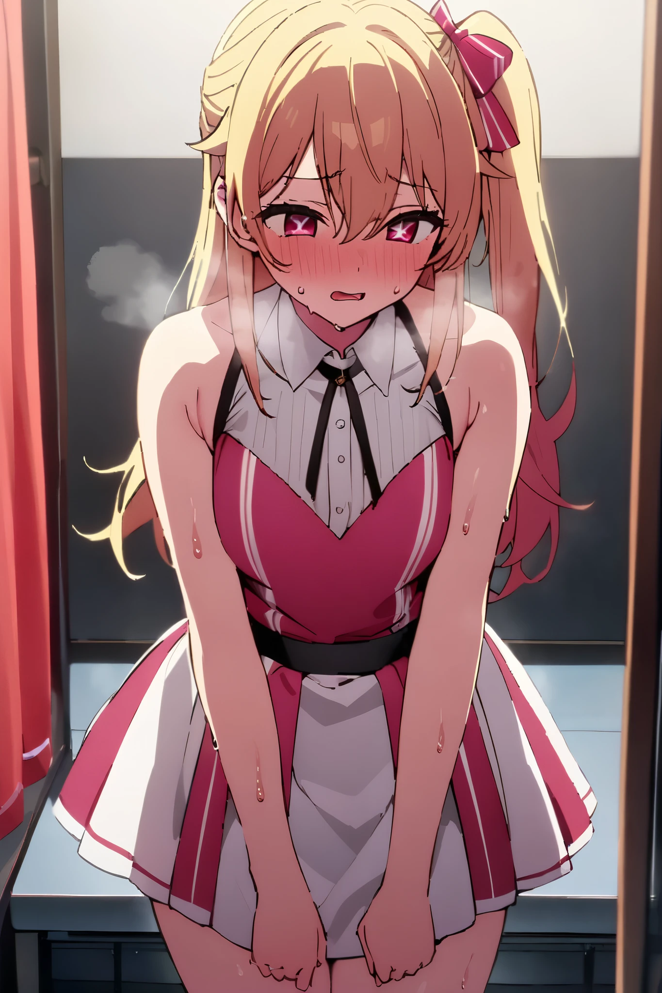 NSFW,masterpiece, top quality , high res, very detailed,Hoshino Ruby\(My Favorite \),Star-shaped pupils, long hair, side ponytail,Blonde,Idol,dressing room,sweat,Heavy breathing