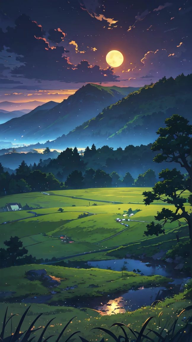 night scene with a tree and grass field and a full moon, scenery artwork, anime countryside landscape, anime landscape wallpaper, background artwork, anime background art, anime landscape, anime background, background art, landscape wallpaper, anime nature, scenery wallpaper, scenery art detailed, beautiful anime scenery, anime nature wallpap, anime scenery, digital landscape art, amazing wallpaper, peaceful landscape