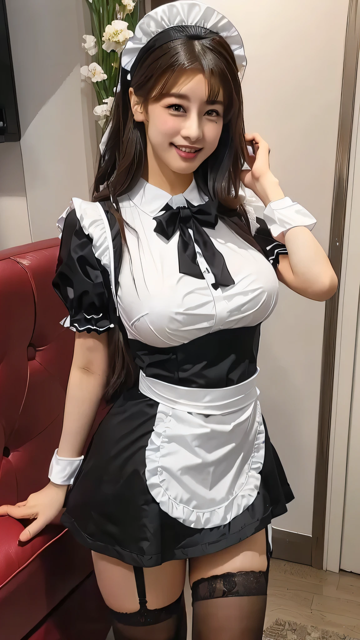 araffe dressed in a maid outfit posing for a picture, gorgeous maid, maid dress, maid outfit, maid, wearing maid uniform, big breasts, maid costume, anime girl in a maid costume, , japanese maid cafe, french maid, high quality costume, ( waitress ) girl, appealing, looking at viewer,
