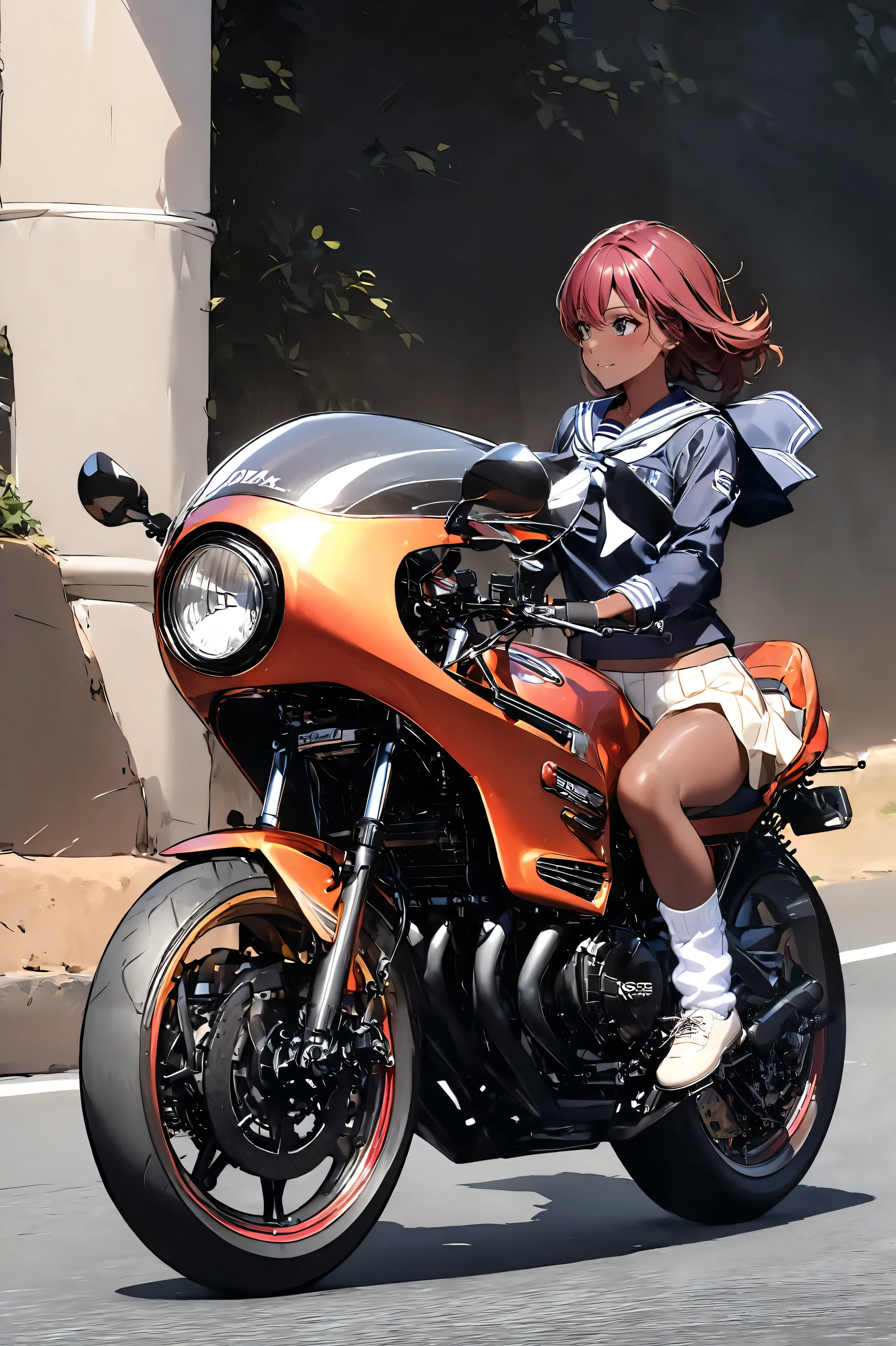 1 high school girl rides a motorcycle tuned to Honda CBX400F cafe racer specifications, a separate handlebars, rocket cowl, sailor suit, loose socks, loafers, glossy brown skin, small breasts, video, inviting , top quality , leather gloves