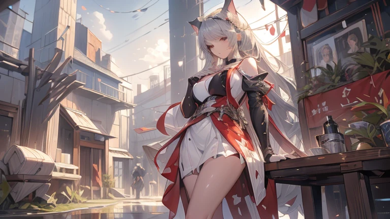 masterpiece, High quality anime illustration ,  super detailed ,  a girl , solo focus ,  Beautiful girl with silver hair cat ears, Anime Change, Cat-eared , Thigh focus, Good Buster,  Bathing in a desert oasis , Soaked