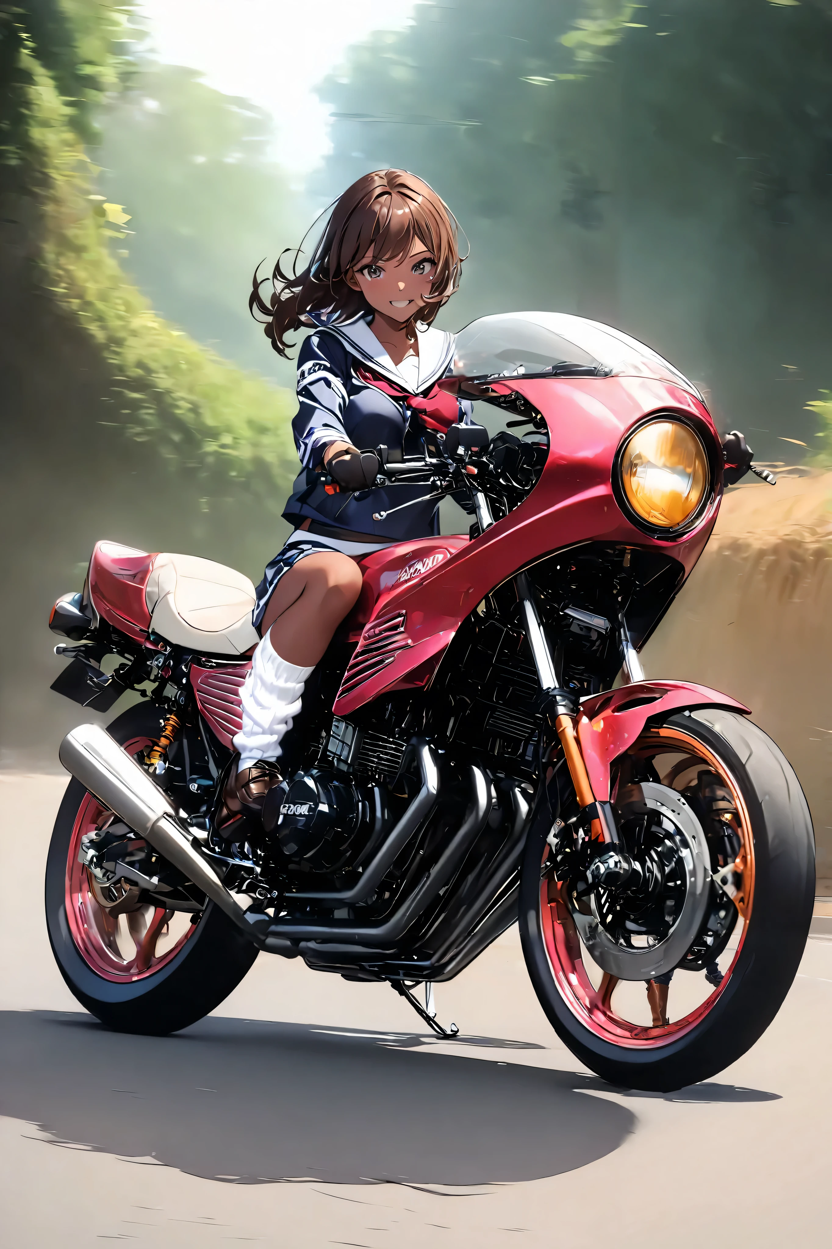 ONE HIGH SCHOOL GIRL RIDING A MOTORCYCLE 　+ CAFE RACER TUNED HONDA CBX400F　+ glossy brown skin + sailor suit　+ loose socks　+ rocket cowl 　、 top quality,  後ろ姿