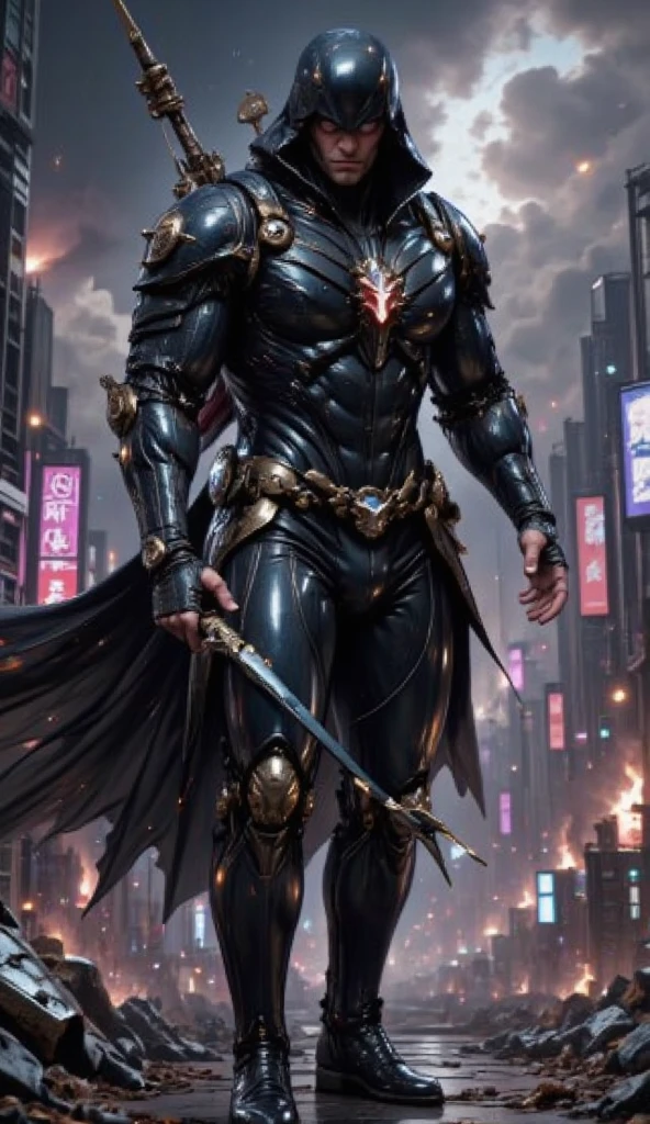 A full-body image of a muscular adult male.black leather full-body image 、and hood, a hooded person in invisible armor . wears leather armor, Tights.epic ninja suit, rogue.Leather fit to cover the whole body. smooth leather .Boy Teenage Assassin , stealth suit , cyberpunk assassin , stand on the roof of a skyscraper. . black night . Dark atmosphere .Low light.Weak lights cast dramatic shadows. Weird cyberpunk atmosphere . cyberpunk city.Futuristic tech style,robot,mecha skin,latex bodysuit .whole body image.Handheld composite mechanical giant bow.full body photo
