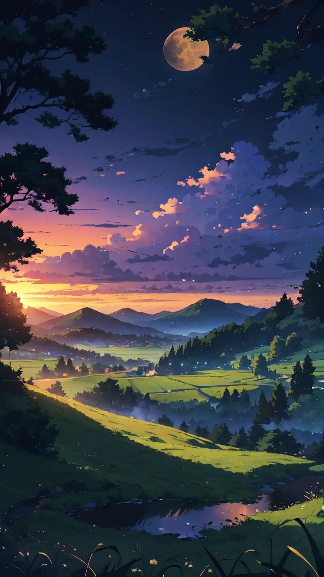 night scene with a tree and grass field and a full moon, scenery artwork, anime countryside landscape, anime landscape wallpaper, background artwork, anime background art, anime landscape, anime background, background art, landscape wallpaper, anime nature, scenery wallpaper, scenery art detailed, beautiful anime scenery, anime nature wallpap, anime scenery, digital landscape art, amazing wallpaper, peaceful landscape
