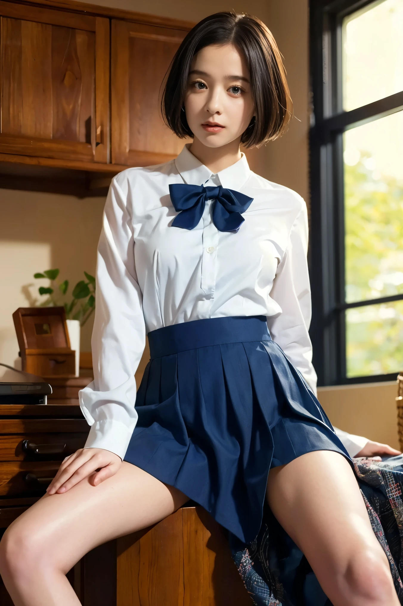 a beautiful young girl with short bob haircut, in her bedroom, spread legs, wearing a navy blue pleated skirt, white dress shirt with long sleeves rolled up, bow ribbon, 1girl, detailed face, beautiful detailed eyes, beautiful detailed lips, extremely detailed eyes and face, long eyelashes, medium shot, bedroom interior, warm lighting, natural lighting, cinematic, intricate details, masterpiece, (best quality,4k,8k,highres,masterpiece:1.2),ultra-detailed,(realistic,photorealistic,photo-realistic:1.37),soft colors, pastel colors, elegant, fashionable, school uniform