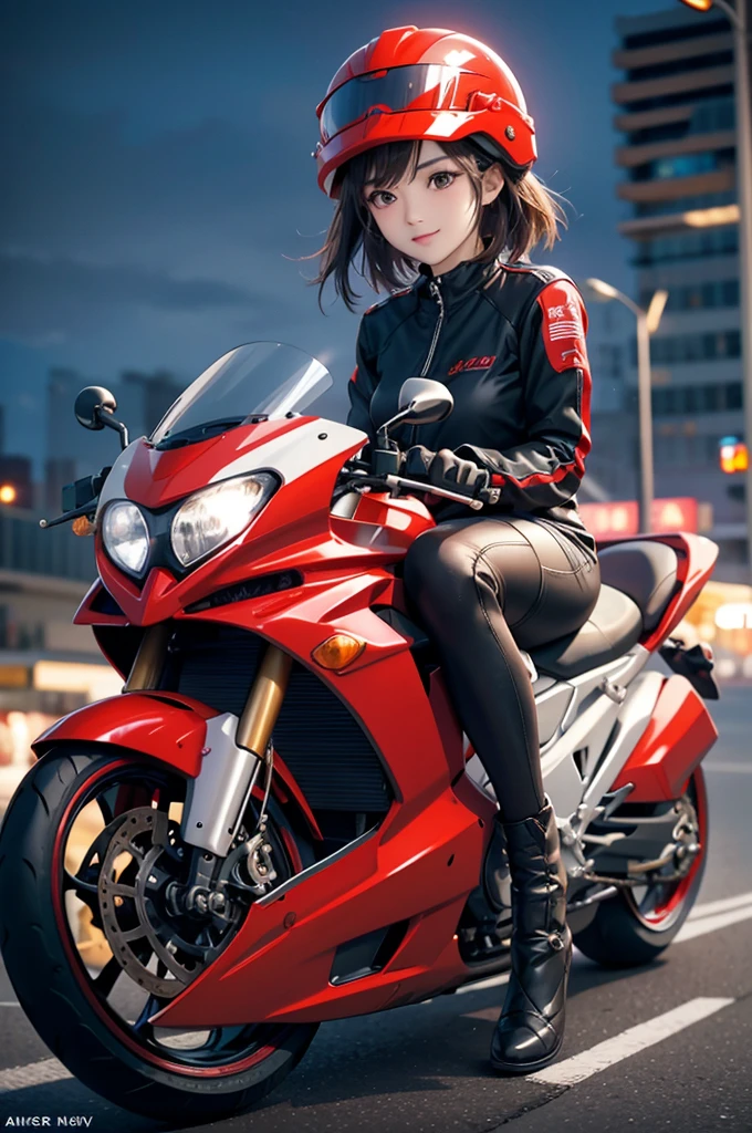 solo woman , red dress, biker uniform , fluffy red helmet ,helmet  in back sear of bike hold,  racing moto gp bike , cute face ,charming and dynamic pose , pose, helicopter in background at night , road lamp light reflection ,deam light, focus score ,white short hair, best quality, ultra-detailed CG unity 8k wallpaper, floating, high resolution, bike mirror stand , bike in stand at one place ,girl face viewer side ,army helicopter