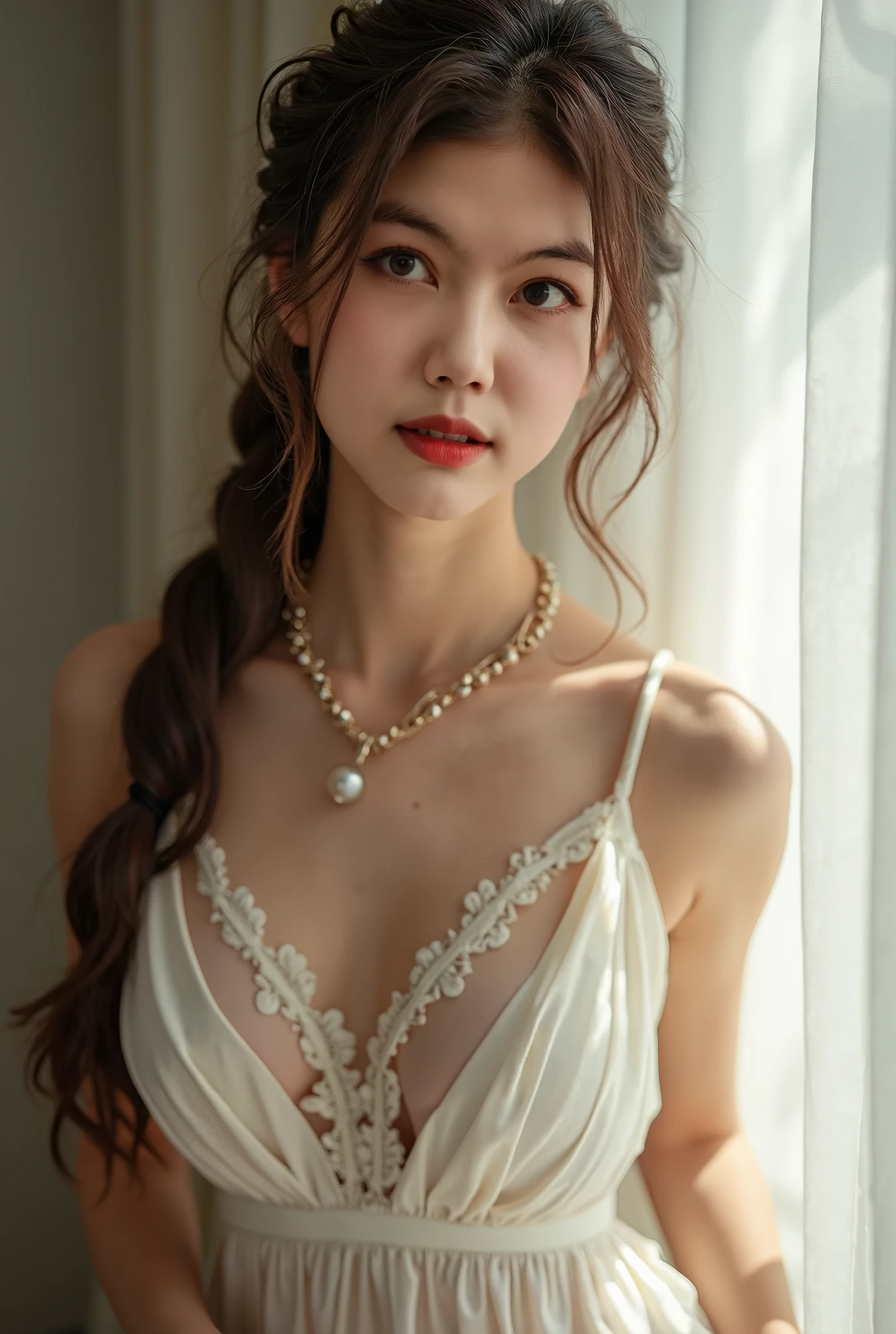 improvement,((one person,Adrian Genius,Jenny Savile,Edward Hope,The Dark Arts of James Jean,Takato Yamamoto)),(RAW photos,Best quality),(Nostalgia,1980s)),(A girl with artistic temperament:1.2),Close-up of face,(lifelike,Shoot real:1.3),Extremely exquisite and beautiful,Astonishing,Fine details, masterpiece,Super detailed,high resolution,Best Illustration,The best shadow,complex,Depth of Field,1 girl,(Long Law:1.4),White hair,Messy hair,Fresh pictures,Soft lighting,((((Low profile,Dark Scene,Dim Lights)))),Plum,Off-shoulder,Half exposed,Huge ,ball gown,Advanced Curls,((Soft Lighting:1.4))),(Pale skin:1.4),(Shy smile),(Cinematic angle),Focus,Volumetric Fog,8K Ultra HD,Digital SLR Camera,high quality,(Film Grain:1.4),Fuji XT3,(Looking at the audience),a smile:1.5