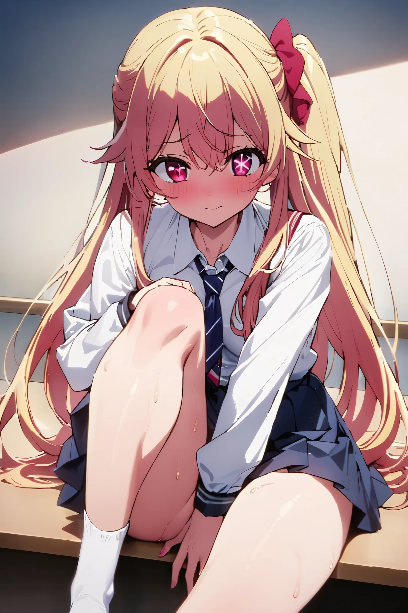NSFW,masterpiece, top quality , high res, very detailed,Hoshino Ruby\(My Favorite \),Star-shaped pupils, long hair, side ponytail,Blonde, school uniform, dress shirt, miniskirt, knee-high socks