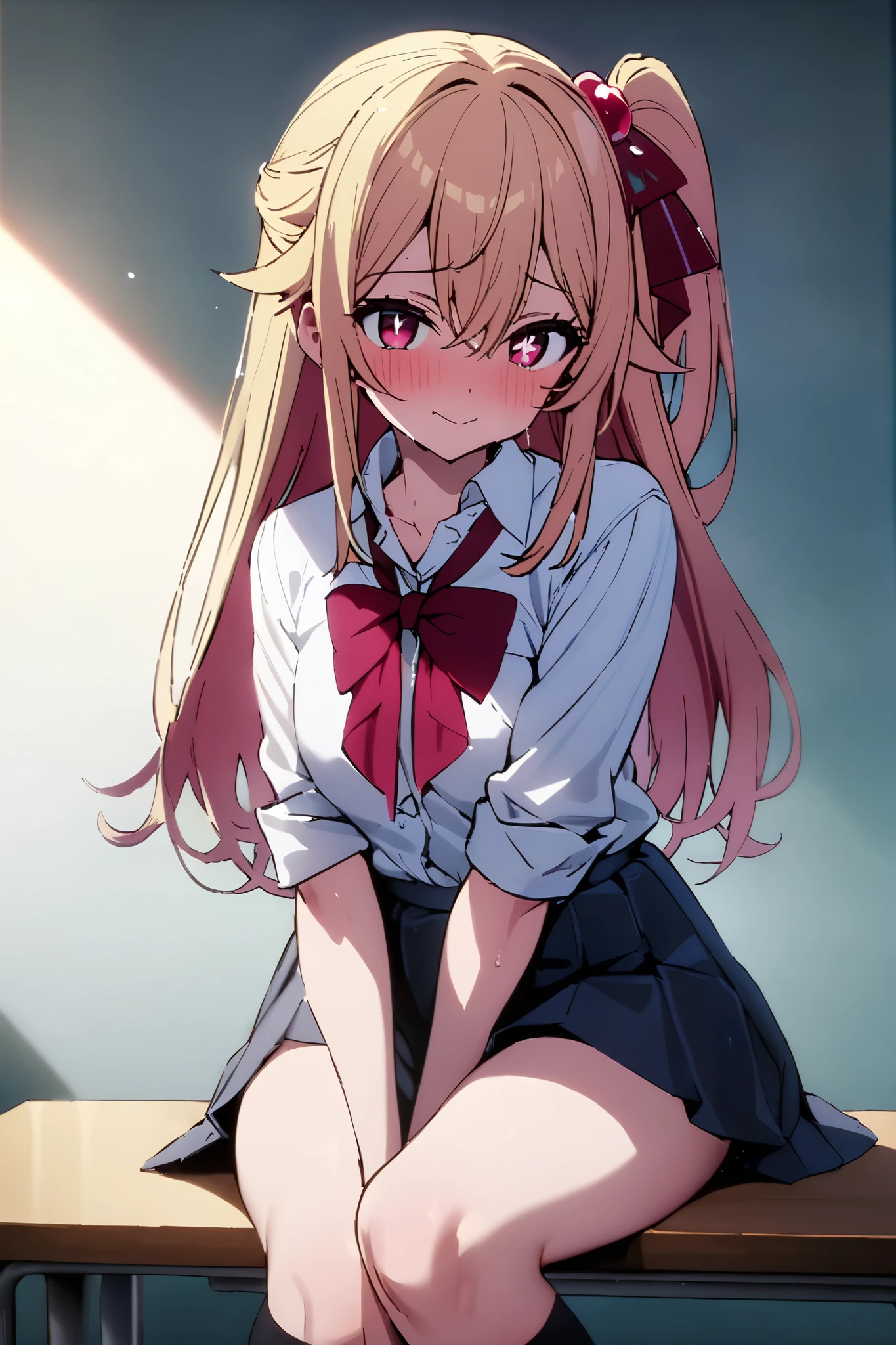 NSFW,masterpiece, top quality , high res, very detailed,Hoshino Ruby\(My Favorite \),Star-shaped pupils, long hair, side ponytail,Blonde, school uniform, dress shirt, miniskirt, knee-high socks