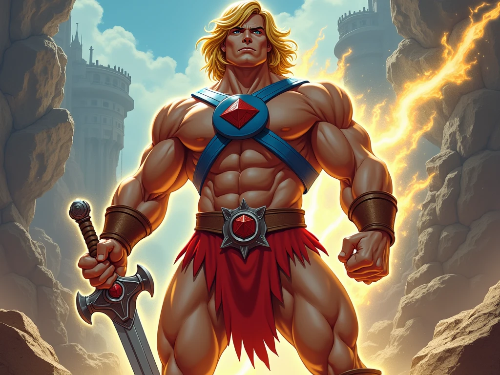 Heman holding up his sword of power, photo-realistic, octane render, unreal engine, ultra-realistic