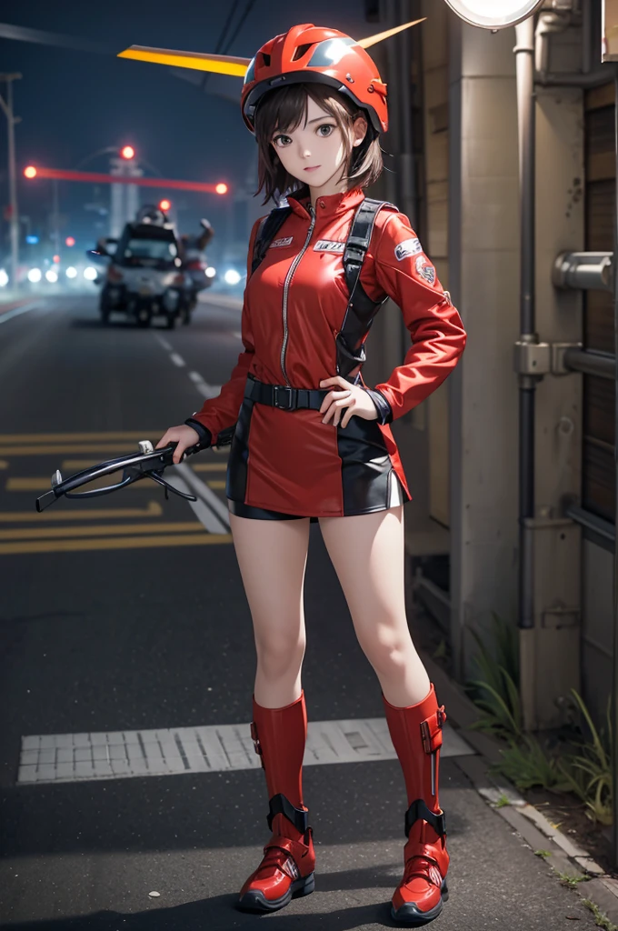 solo woman , red dress, biker uniform , fluffy red helmet ,helmet in back sear of bike hold, racing moto gp bike , cute face ,charming and dynamic pose , pose, helicopter{{army helicopter chasing the bike}} in background at night , road lamp light reflection ,deam light, focus score ,white short hair, best quality, ultra-detailed CG unity 8k wallpaper, floating, high resolution, bike mirror stand , bike in stand at one place ,girl face viewer side ,army helicopter 