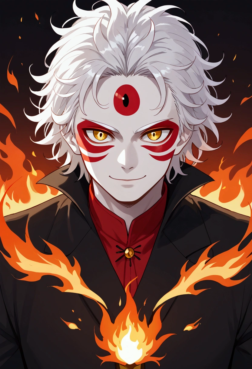 man, fire hair, white skin, red face paint, anime style, fire, yellow eyes, white hair, third eye on forehead, smile, messy hair, cat eyes, fire powers