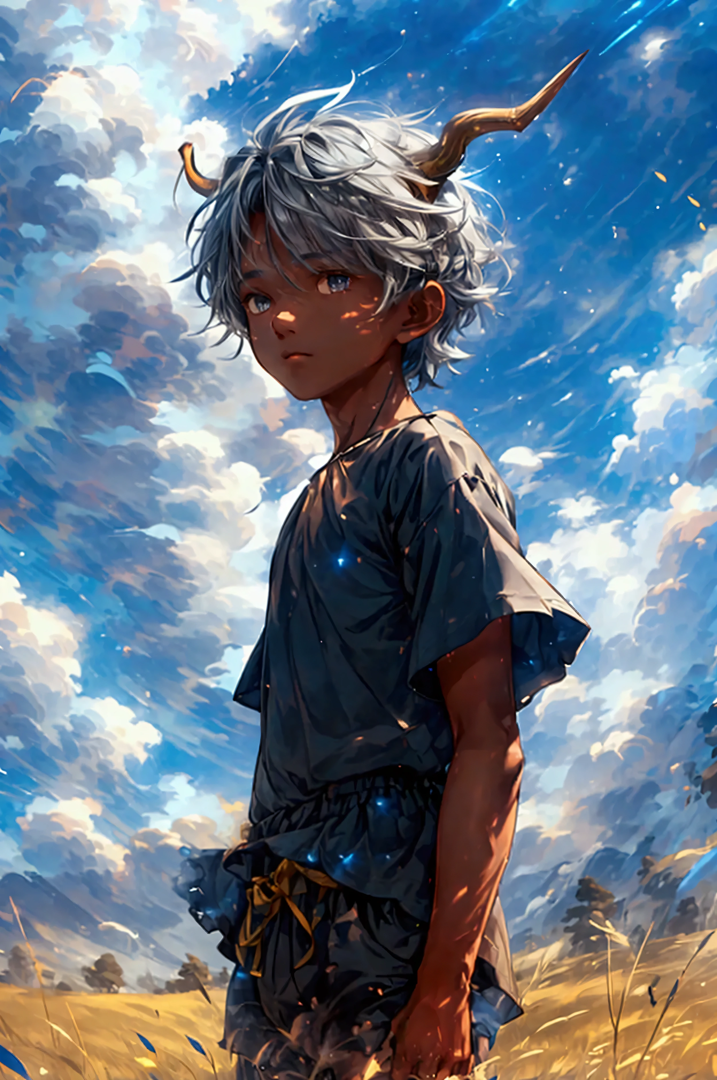 a fifteen year old boy standing near a cliff in a meadow , gray shaggy hair , gray shimmering eyes , very dark skin , two horns on the head , simple dark shirt and shorts, magical aura , seeing a vast blue sky with fluffy clouds and brush strokes , tall grasses stones