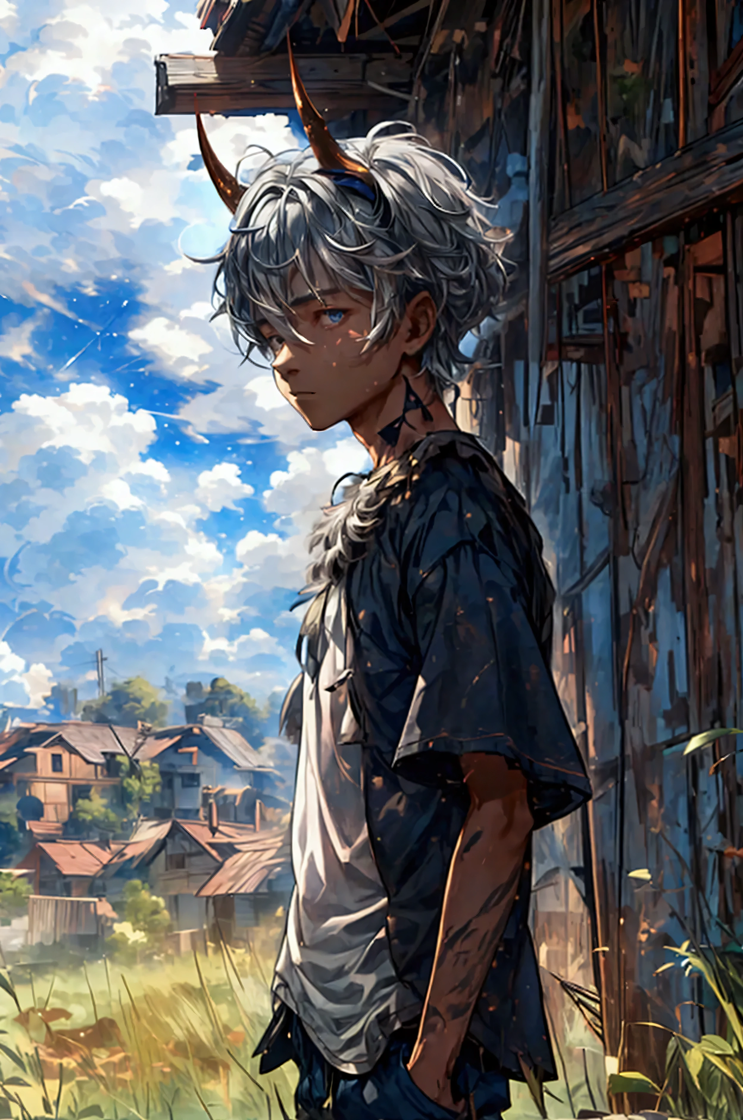 a fifteen year old boy standing near a dilapidated house made of old woodin, gray shaggy hair , gray shimmering eyes , very dark skin , two horns on the head , simple dark shirt and shorts, medival town, seeing a vast dark sky with fluffy clouds