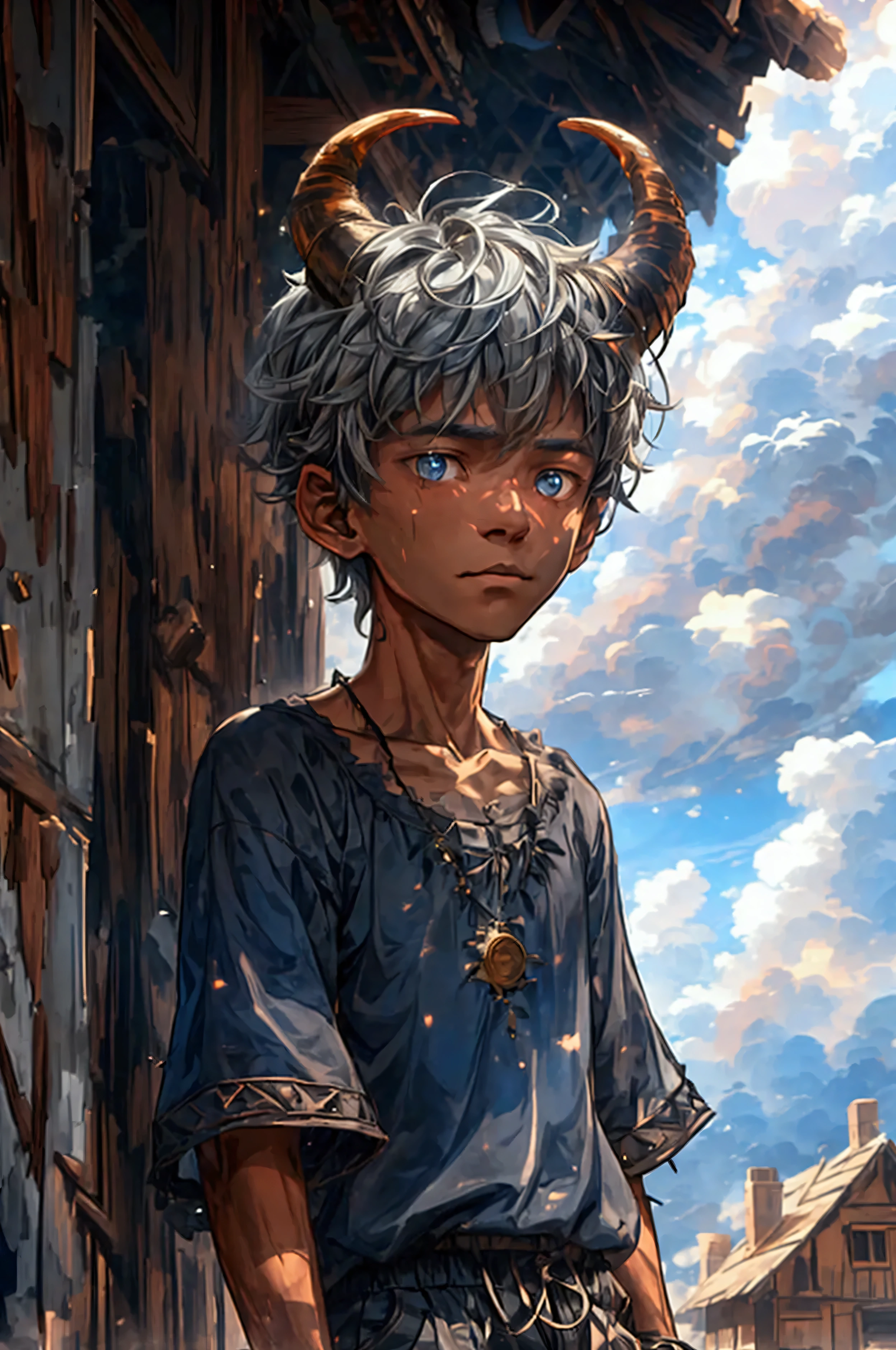 a fifteen year old boy standing near a dilapidated house made of old woodin, gray shaggy hair , gray shimmering eyes , very dark skin , two horns on the head , simple dark shirt and shorts, medival town, seeing a vast dark sky with fluffy clouds