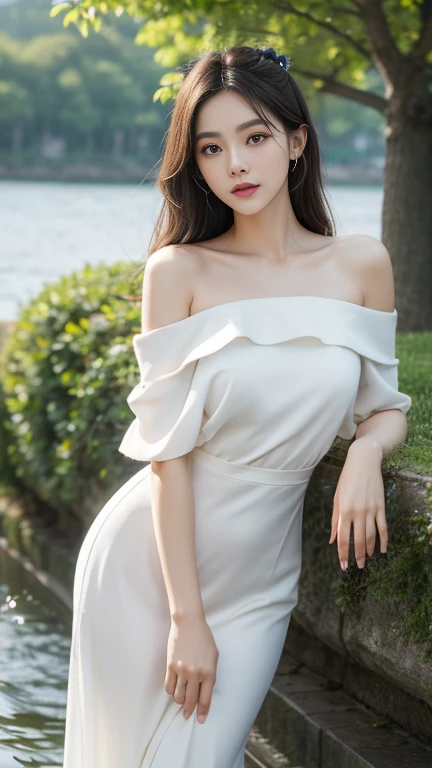 (masterpiece, best quality:1.2), 1girl, solo, ((gufeng,bare shoulders)), at the hilltop,Moonlight,((sitting position, sitting at the edge of a cliff)), figure of heroine,Slender sexy legs,very beautiful legs,Leaking sexy legs,Big breasts,beauty, mystery。脸庞beauty精致,Otherworldly beauty。The bridge of the nose is straight,Lip color like cherry,Confident and calm。face chiseled,Skin as fair as jade,Makeup is light and delicate,Show her temperament and charm。Light foundation, Transparency of skin,perfect eyebrow shape,eye makeup,eye shadow,Eyeliner,Eyes are brighter and more energetic。涂上grace的口红,Charm and sophistication。衣服grace别致,Clothes flutter,Blown up by the wind,drifting into the distance。grace,Swinging action。Hair tied haphazardly behind the head,Secure it with a hosta,Strands of hair flutter gently in the wind,一道beauty的风景线,Attract attention。beauty、grace、mystery