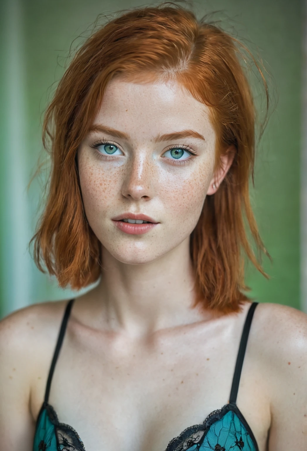 Woman 20 Years Old Nordic Ethnicity, Short red hair with a perfect face and light freckles, Blue-Green Eyes, topless Wearing  black lingerie