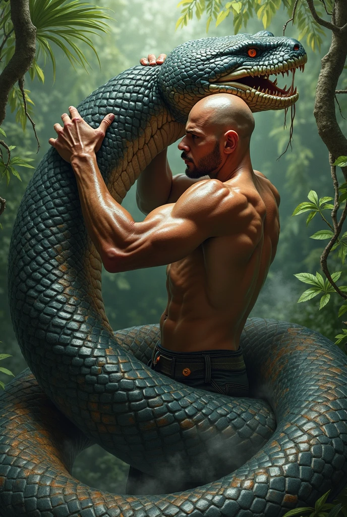 a grotesque fusion of half-man and snake in dark forest. Its torso was humanoid, with knotted muscles and pale, scaly skin. But from the waist down it was all snake