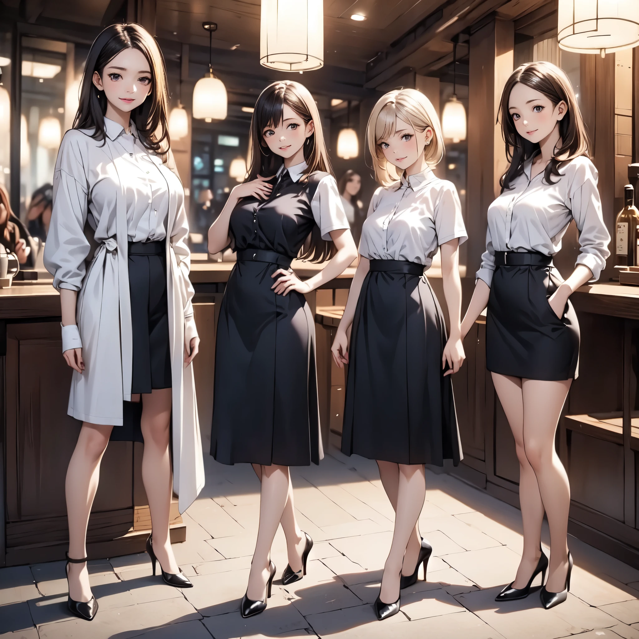 (masterpiece:1.3),(best quality, highest quality),((Including face)),4girls,Standing position,4K,((Focus on the face)),((Symmetrical facial features)),Beautiful woman, slender, Beautiful feet, ((High heels)), Detailed depiction of the face, uniforms),bar, Realistic, Facing forward, 笑顔,夜,日本人,indoor,cafe,full body, smile