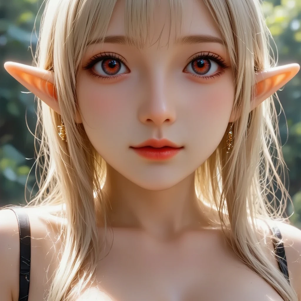 ultra-detailed, full-length, 1girl:1.4, solo, elf, elf ears, (beautiful face), beautiful eyes, portrait:1.43, (focusing on face), detailed eyes, (Ideal body proportions), ((Composition from head to thigh)), black bikini suit, Drenched shortcut blond hair, SuchSkin, (scarlet clear red eyes, tsurime), The erection, Carmelto, Sexy body, grin smile, short-hair, blond hair with burgundy tips of hair, burgundy ends of hair, shiny skin, oiled skin, slenderness, Small buttocks, Beautiful legs, Skinny Legs, One-person viewpoint, masterpiece, ((Anatomically correct)), (portrait:1.4), (((close-up))), (focusing on eyes)