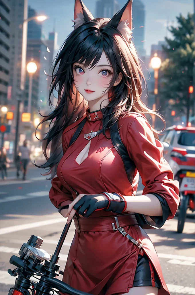 solo woman , red dress, biker uniform , fluffy red helmet ,helmet in back sear of bike hold, racing moto gp bike , cute face ,charming and dynamic pose , pose,(( witch chasing the bike in background at night)) , road lamp light reflection ,deam light, focus score ,white short hair, best quality, ultra-detailed CG unity 8k wallpaper, floating, high resolution, bike mirror stand , bike in stand at one place ,girl face viewer side ,tiny smile, makeover look of woman