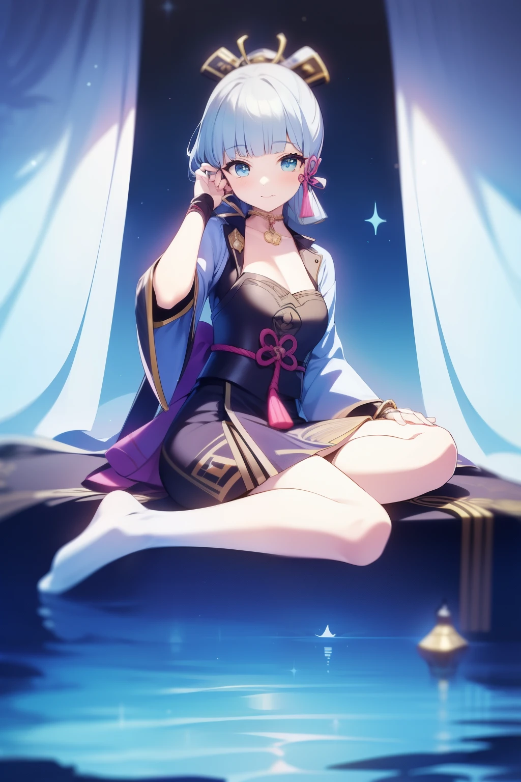 HD, a girl ,Sitting, full body image , night view of the city,Genshin Impact Style,Kamisato Ayaka version,Wear a white kimono ,No socks, showing jade feet