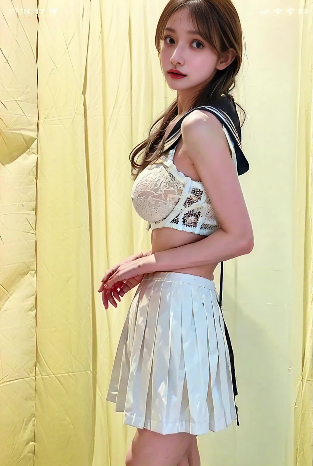 4K ultra hd, masterpiece, a cute girl, long hair, beautiful hairstyle, skirt, white skirt, bare waist, lace, necklace, hat, cyberpunk,