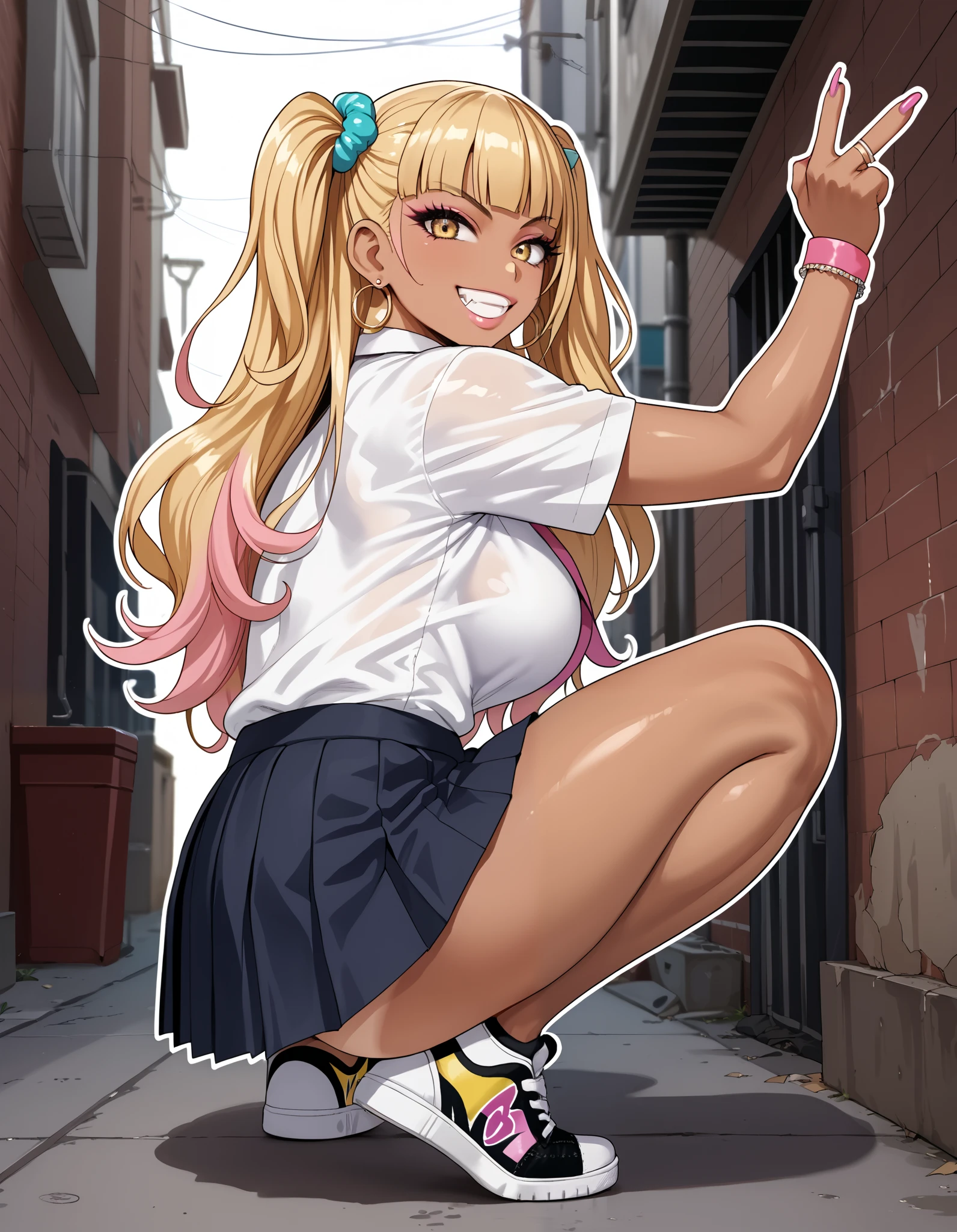 Score_9,Score_8,score_7_up,source_anime, rating_questionable, back alley, stylish pose, ceiling, from side:1.2, squatting, sneakers focus,
((thick outline)), thick outline, black outline, gyaru, bimbo, cute, pale skin, gyaru clothes, white shirt, street style, pleated skirt, sneakers, single V,
glamorous, grin, fang, yellow eyes, two side up blonde hair, tan lines, 