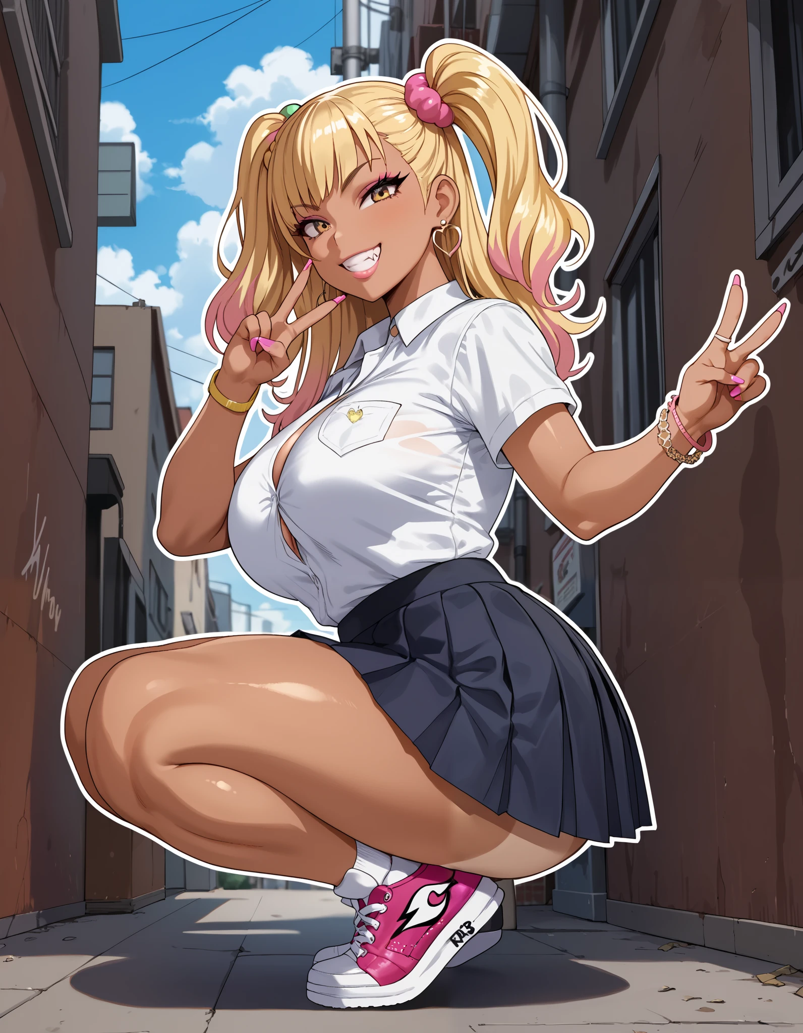 Score_9,Score_8,score_7_up,source_anime, rating_questionable, back alley, stylish pose, ceiling, from side:1.2, squatting, sneakers focus,
((thick outline)), thick outline, black outline, gyaru, bimbo, cute, pale skin, gyaru clothes, white shirt, street style, pleated skirt, sneakers, single V,
glamorous, grin, fang, yellow eyes, two side up blonde hair, tan lines, 