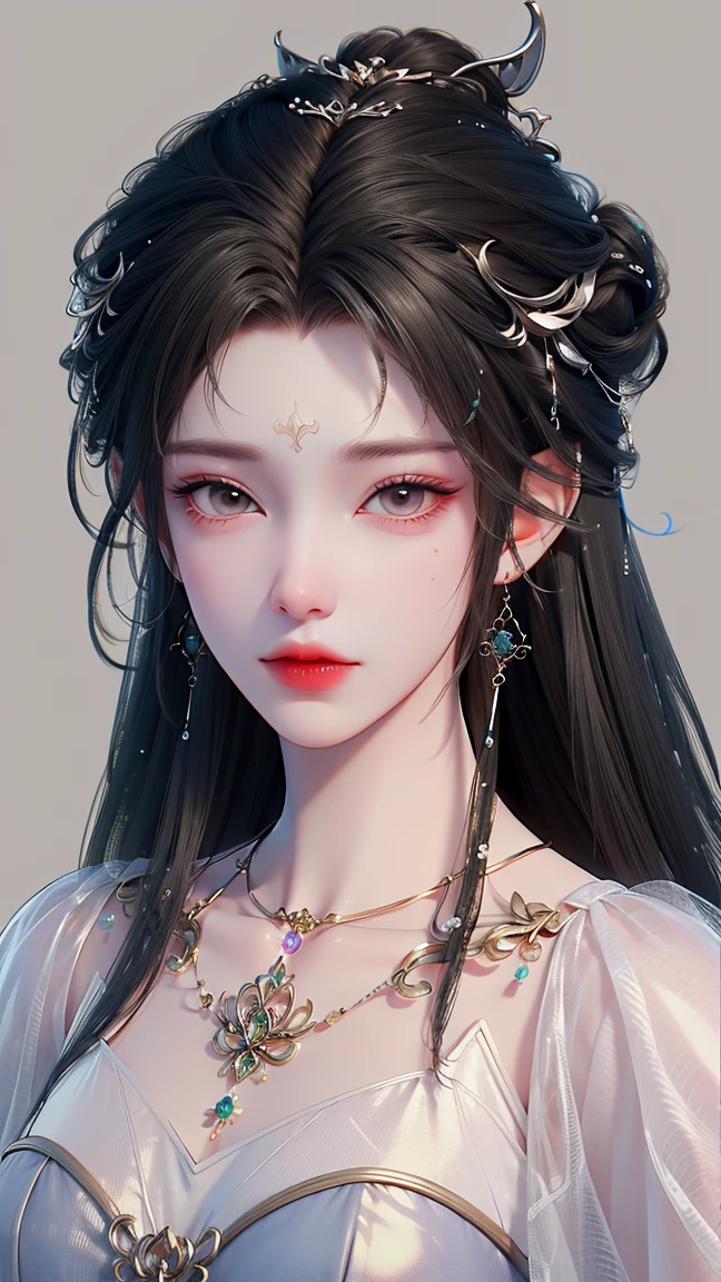 (masterpiece),(best quality:1.5),8k,absurdres,highres, Glowing skin:1.3, shiny skin, oil skin, 
luxueqi,
1girl,solo,jewelry,hair ornament,crystal earrings,earrings,long hair,black hair,forehead mark,crystal,crystal hair ornament,alpha transparency,see-through,hair bun,dress, white dress,facial mark,simple background,realistic,expressionless,single hair bun,closed mouth, (upper body), outdoor, garden,