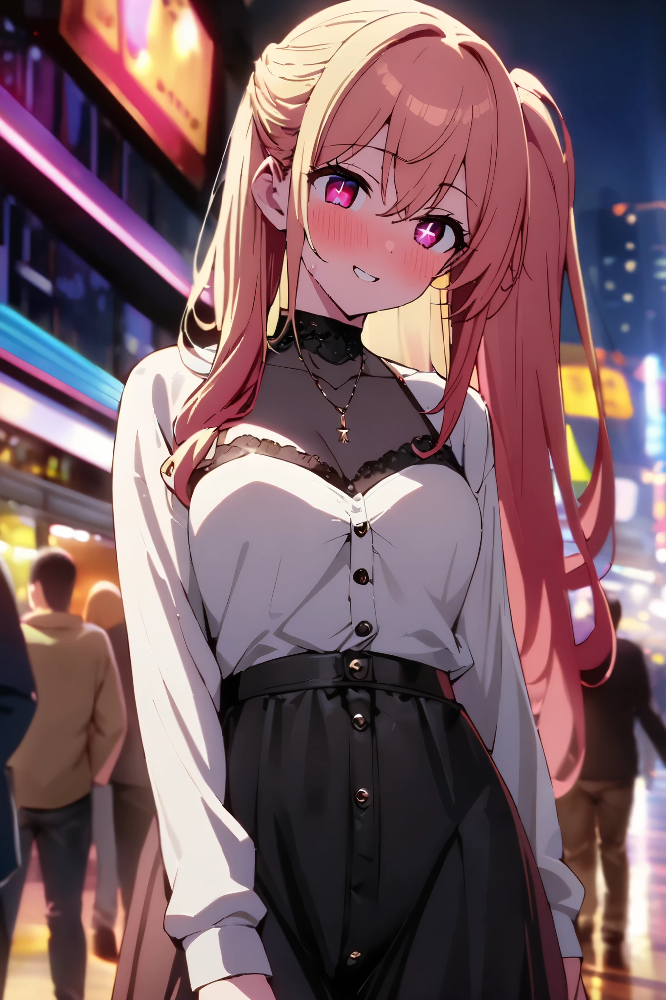 NSFW,masterpiece, top quality , high res, very detailed,Hoshino Ruby\(My Favorite \),Star-shaped pupils, long hair, side ponytail,Blonde, casual clothes,Date,Nightlife