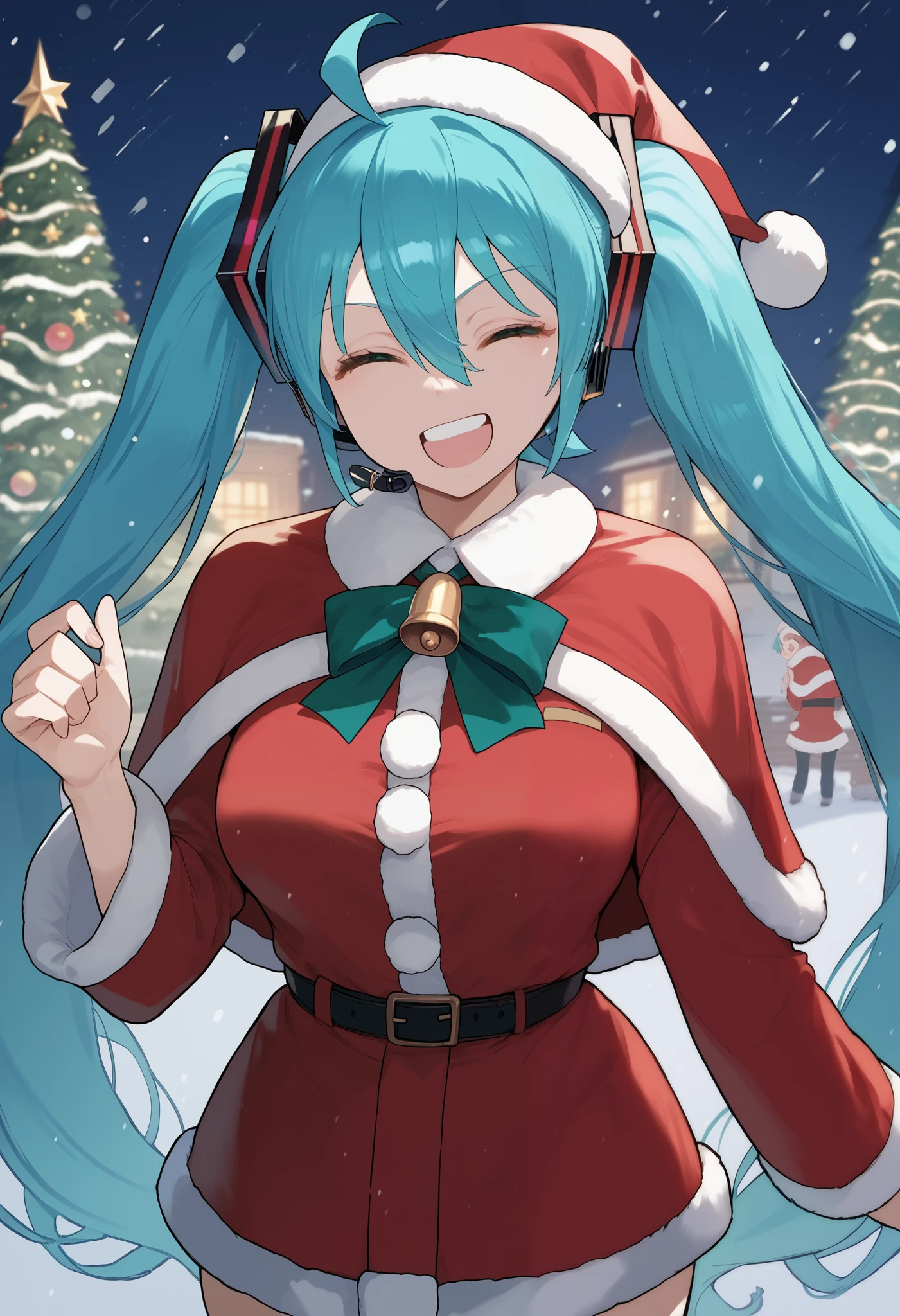 1girl, hatsune miku, large breasts, grin, open mouth, closed eyes, panorama shot, ahoge, aqua eyes, aqua hair, hair between eyes, long hair, twintails, smile, santa, santa clothing, santa hat, winter, night, snowfall, msk12003, masterpiece, best quality, very aesthetic, absurdres, newest