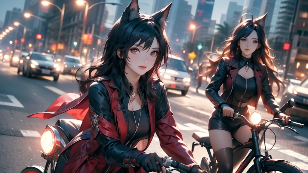 duo character of one biker woman  and second is witch chasing biker girl, red dress, biker uniform , fluffy red helmet ,helmet in back sear of bike hold, racing moto gp bike , cute face ,charming and dynamic pose , pose,(( witch chasing the bike in background at night)) , road lamp light reflection ,deam light, focus score ,white short hair, best quality, ultra-detailed CG unity 8k wallpaper, floating, high resolution, bike mirror stand , place ,girl face viewer side ,tiny smile, makeover look of woman