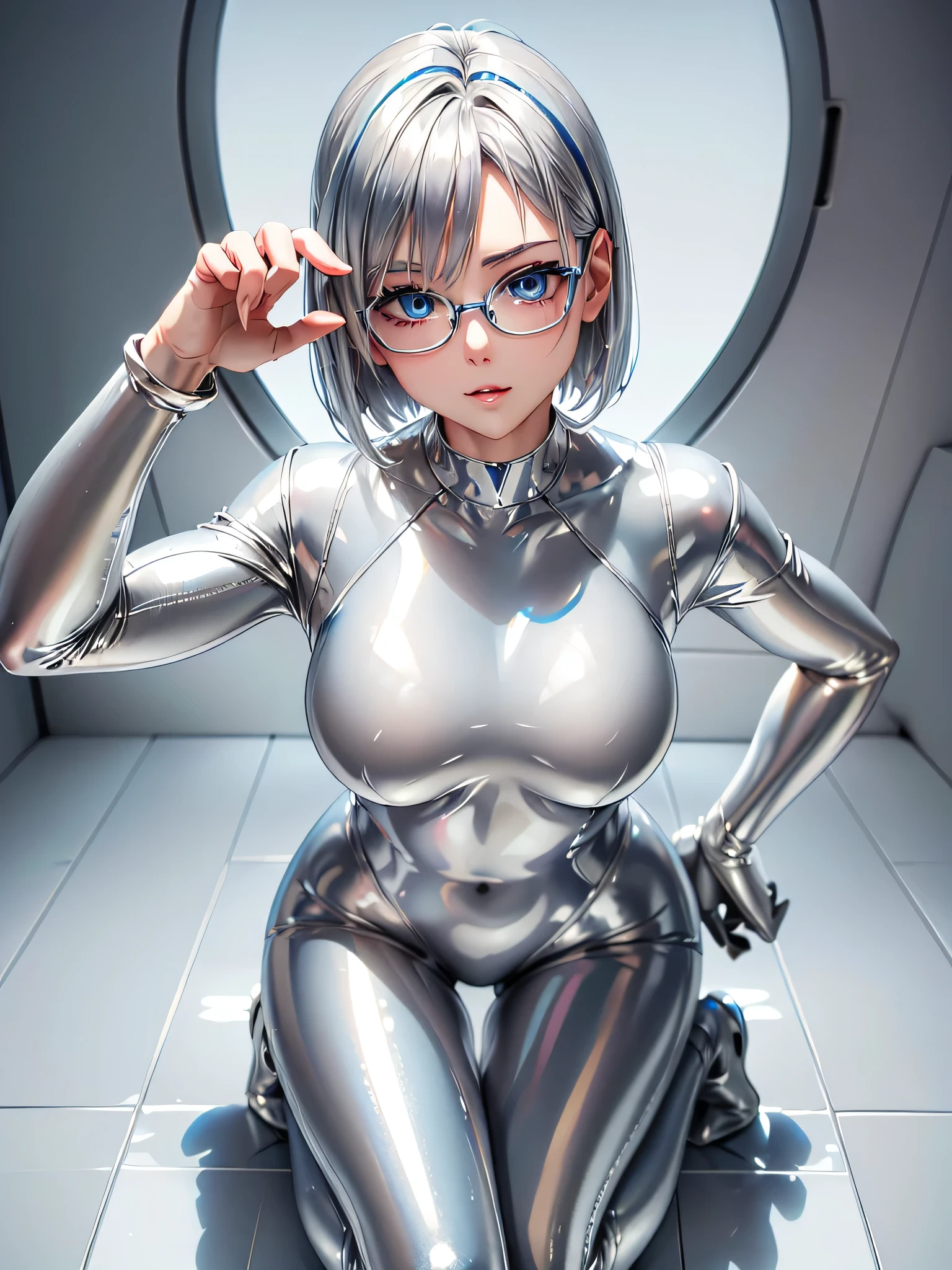 Highest quality 8K UHD、Mastepiece、Close-up、short hair、Blue Eyes、Squatting with legs apart、Open legs、Silver Hair、Glasses、Shiny silver tights、A beautiful woman wearing a full-body silver metallic suit、Full body silver metallic rubber suit