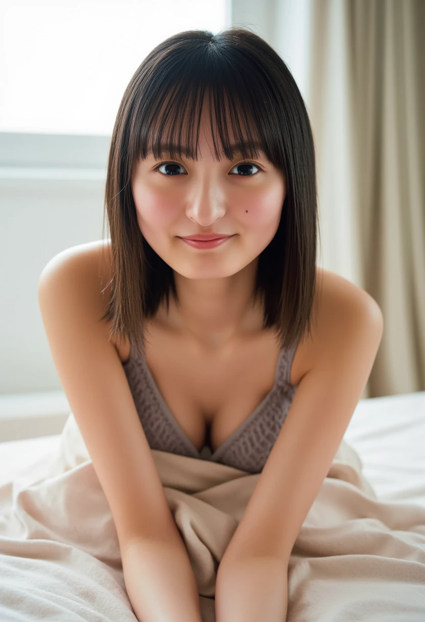 (( top quality 、masterpiece、、   shot by Ki with the highest image quality  、  super high res、  Award-winning works  )、(Completely naked:1.8)、(  accurate anatomy:1.1)、(  on the bed:1.52)、(  Look at me and smile  :1.1)、  super high res for bright and fair skin、The most detailed face、  super high res detailed face、  super high resの髪の毛、  super high resの煌めく瞳、  beautiful faces are drawn in every detail、(bedroom:1.1)、 beautiful Japanese actress's face 、((whole body:1.6))、  Beautiful breasts  、   beige slingshot swimsuit that shows   、pubic hair、cat,  And crying face  