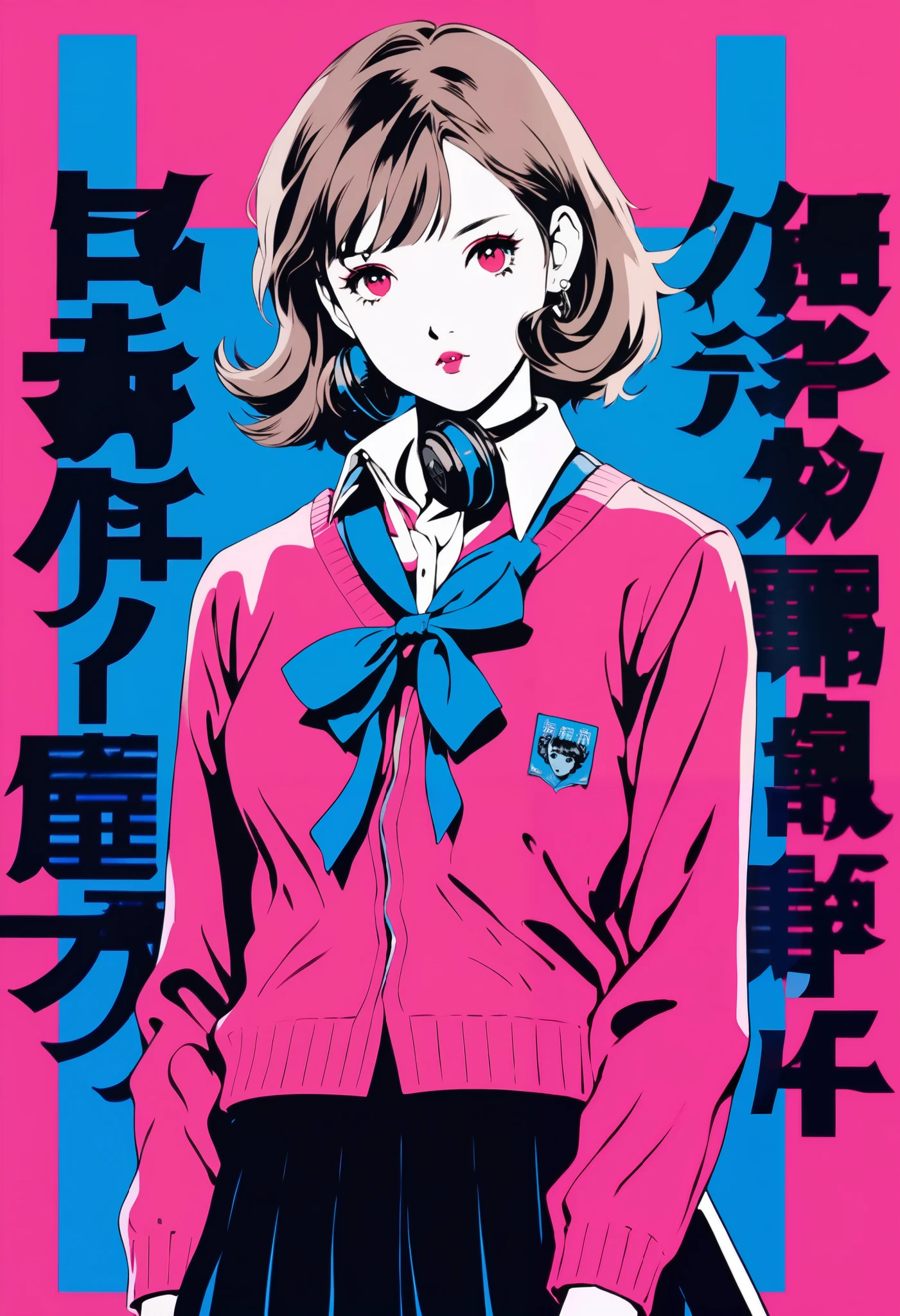 (best quality, sketch:1.2),realistic,illustrator, anime,solo, 1girl, yukaridef, gekkoukan high school uniform, pink cardigan, red bow, long sleeves, black skirt, earrings, white choker, detailed lips, orange eyes, custom, azure blue gradient background,textured cropping, masterpiece, style retro classic, noir dark, headphones,