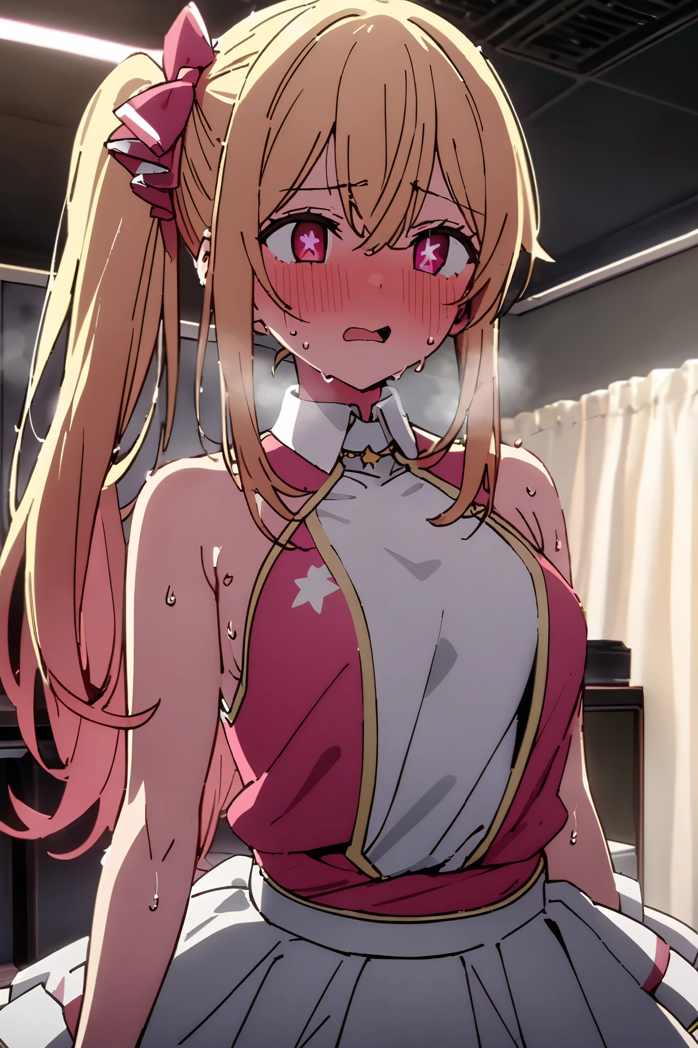 NSFW,masterpiece, top quality , high res, very detailed,Hoshino Ruby\(My Favorite \),Star-shaped pupils, long hair, side ponytail,Blonde,Idol,dressing room,sweat,Heavy breathing