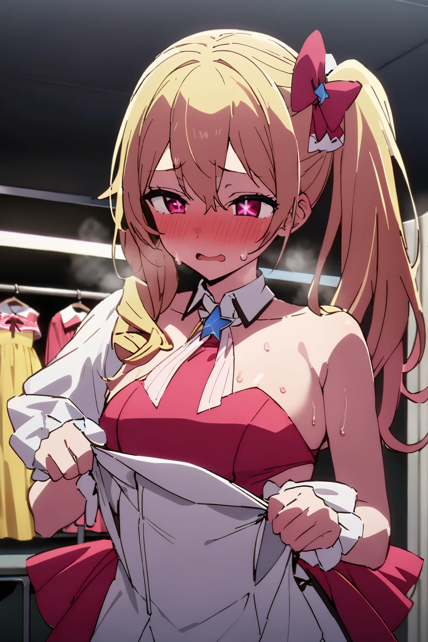 NSFW,masterpiece, top quality , high res, very detailed,Hoshino Ruby\(My Favorite \),Star-shaped pupils, long hair, side ponytail,Blonde,Idol,dressing room,sweat,Heavy breathing