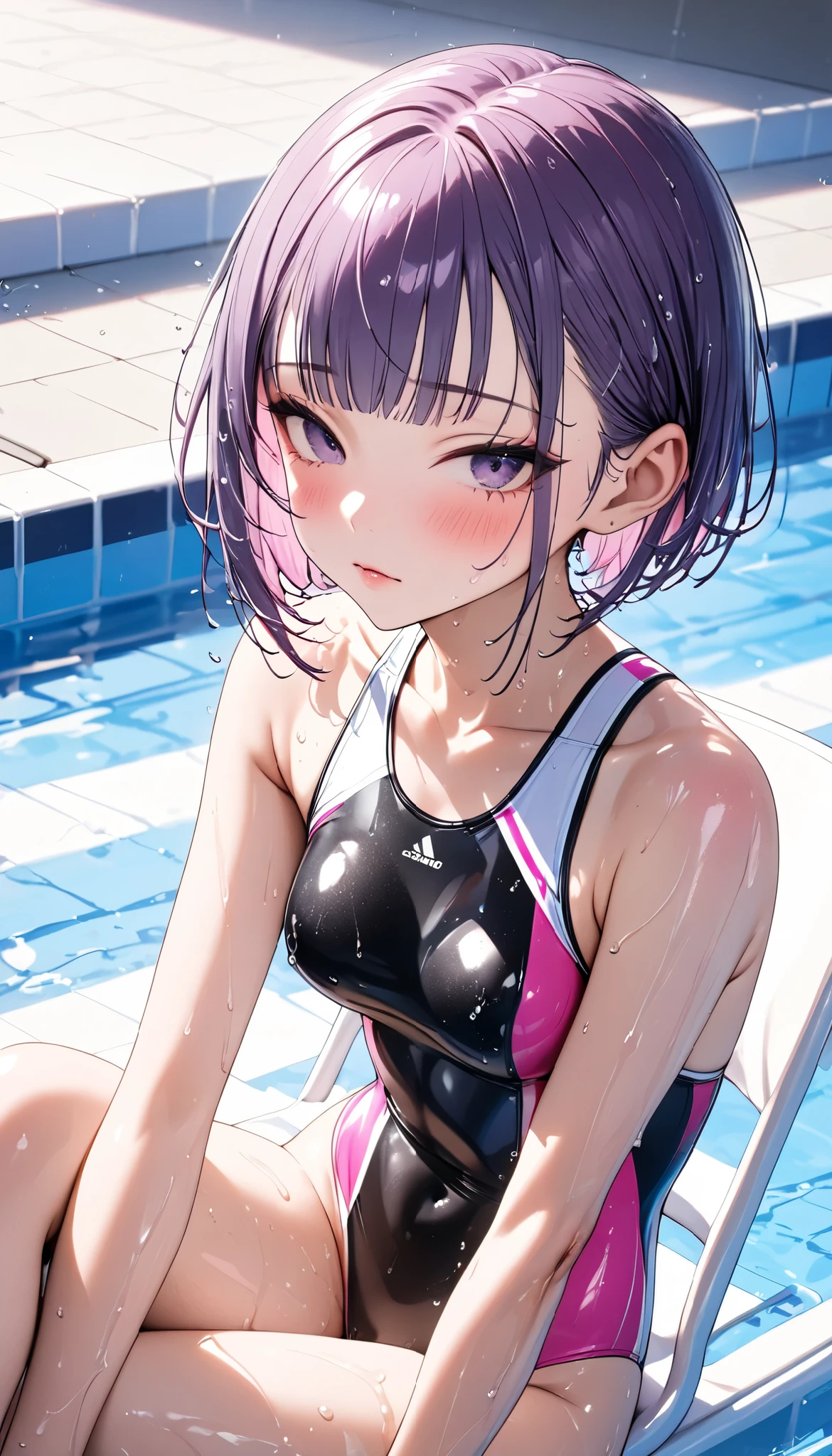 mejiro mcqueen \(umamusume\), 旧スク, sitting, squatting, leg_spread, very wet swimsuit, wet hair, naughty smile, blush, in heat, steam, poolside, masterpiece, best quality, ultra detailed, anime illustration, ideal anatomy, looking at viewer