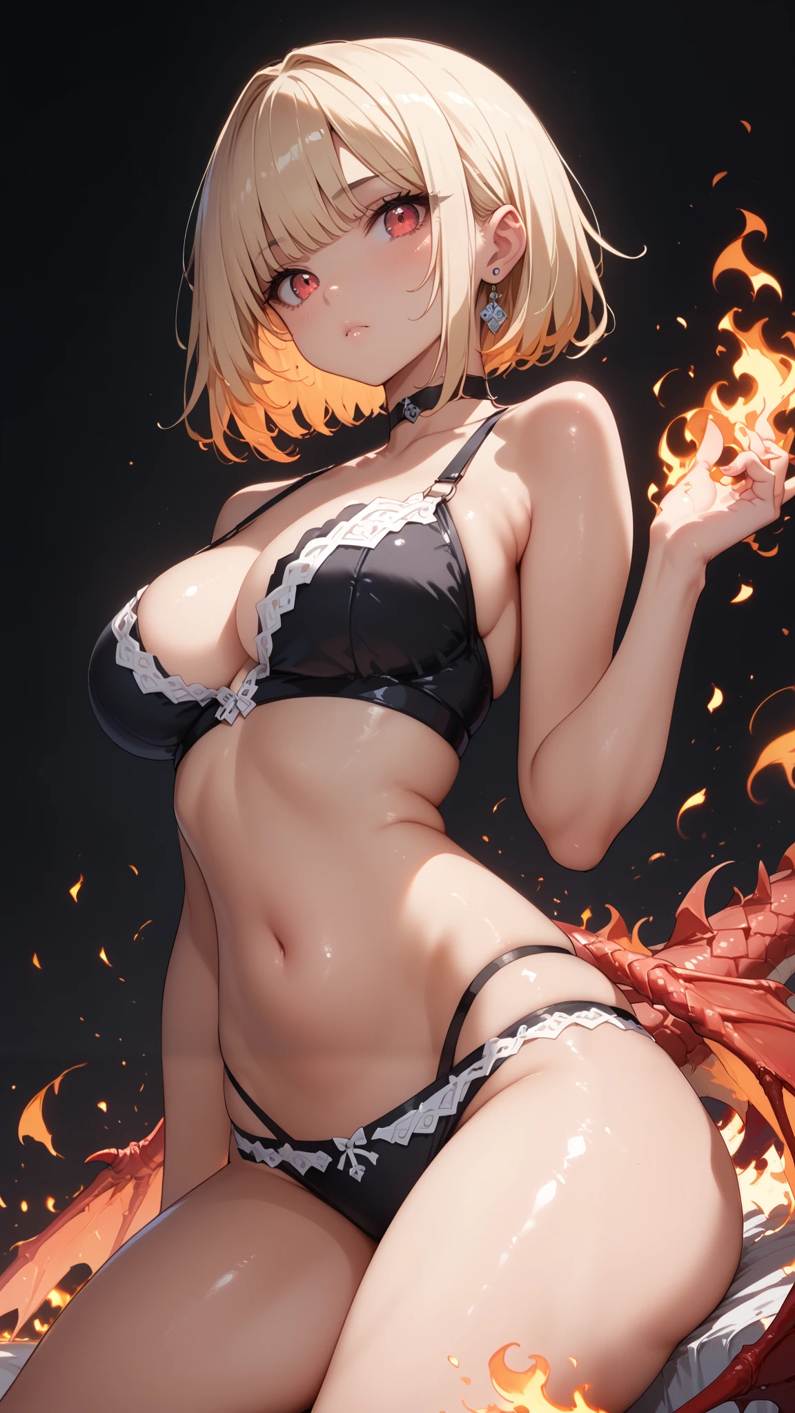 Anime girl, sexy figure, nice body curves, large breasts, wearing a bra and panties, long black hairs, red eyes, dragon wings, dragon wings, Fire, showing off her figure, looking down, down view, giving sexy pose, cat stretching pose, sitting down, simple dark background.