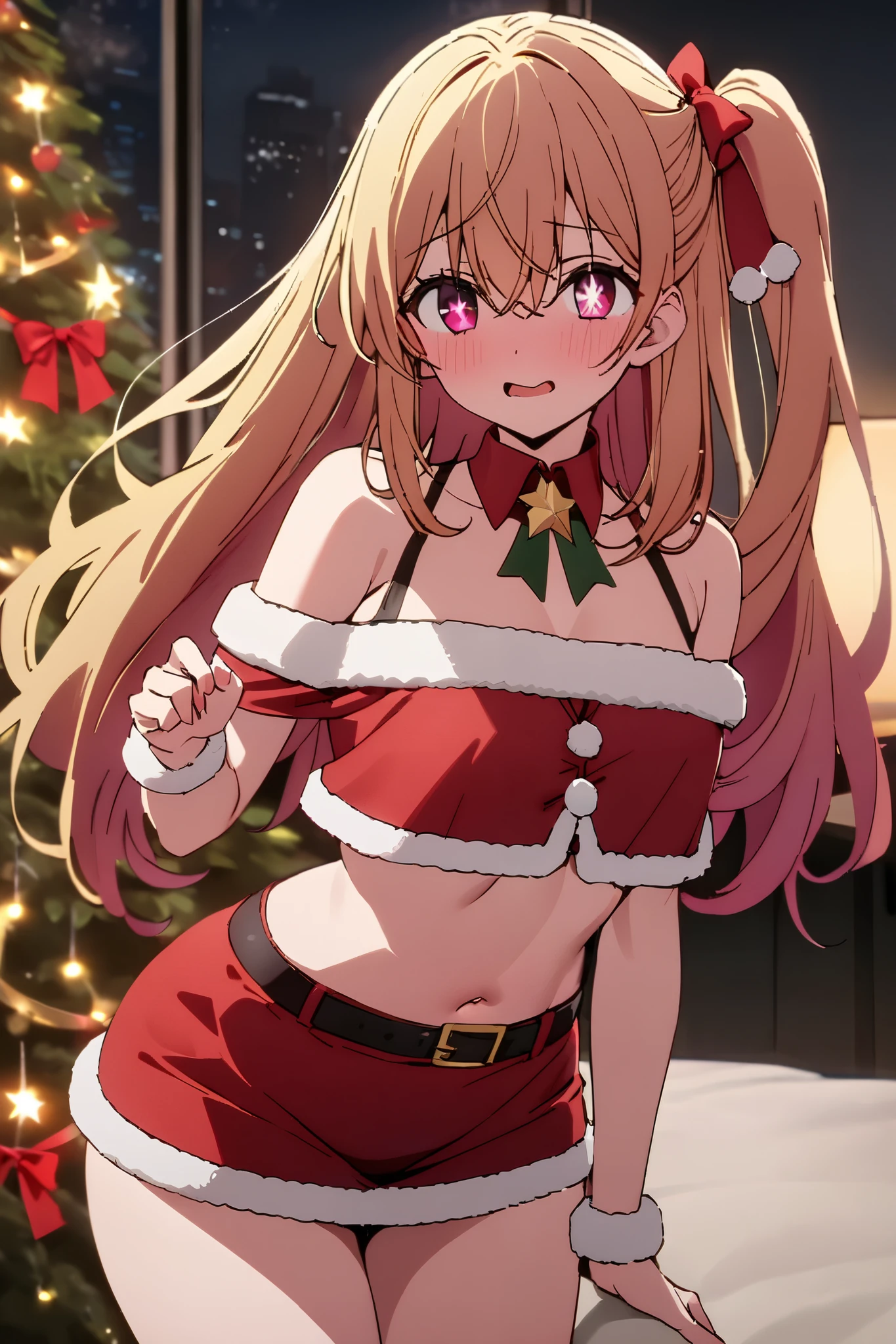 NSFW,masterpiece, top quality , high res, very detailed,Hoshino Ruby\(My Favorite \),Star-shaped pupils, long hair, side ponytail,Blonde, Santa costume , off-shoulder, crop top, miniskirt,Christmas party