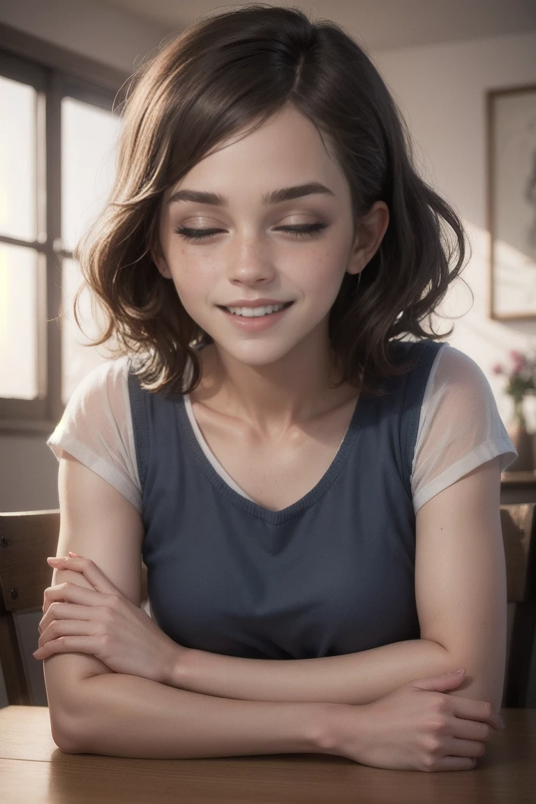 Modern Masterpiece, 8k digital painting, candid shot, magical realism, 1girl, (tomboy), Caucasian, (French and Italian ancestry), green sun dress, no makeup, full and natural eyebrows, medium brown hair, slightly soft and wavy pixie cut, close set blue eyes, full eyelashes, (small upturned nose with a slight point and small nostrils), Full mouth, (smile:0.4), (overbite: 0.2), (round head, full cheeks, downpointing chin, strong and angular jawline), Endomorph, toned, (muscle:0.7), (soft and round breasts), curvy, (slender and muscular legs), outdoors, natural lighting, excellent detailing, unconventional perspective, (attention to design, attention to mood, attention to composition), (visual narrative),(high artistic skill), (high artistic ability), (expert craftsmanship)