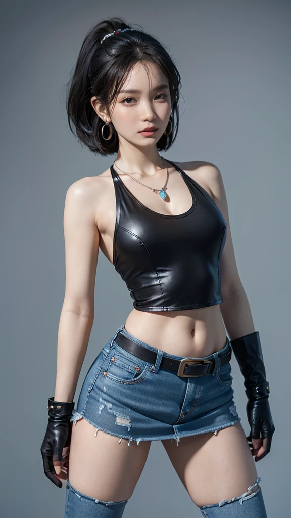 Highest quality, High resolution, And 18, 1 female, 20-year-old, Android 18, Android18DB, alone, Blonde, blue eyes, short hair, Earrings, necklace, choker, bracelet, accessories, Perfect body, Perfect abdomen, Perfect round ass, Tight black crop top (Under the chest), Dark blue short skirt, Big Breasts、Cleavage, The abdomen is visible, Hemmed skirt, High stockings, Attractive appearance, Sexy pose, Blurred Background, (Cinema Lighting), (8K), (masterpiece), (weather: the wind is strong), ((Realistic))