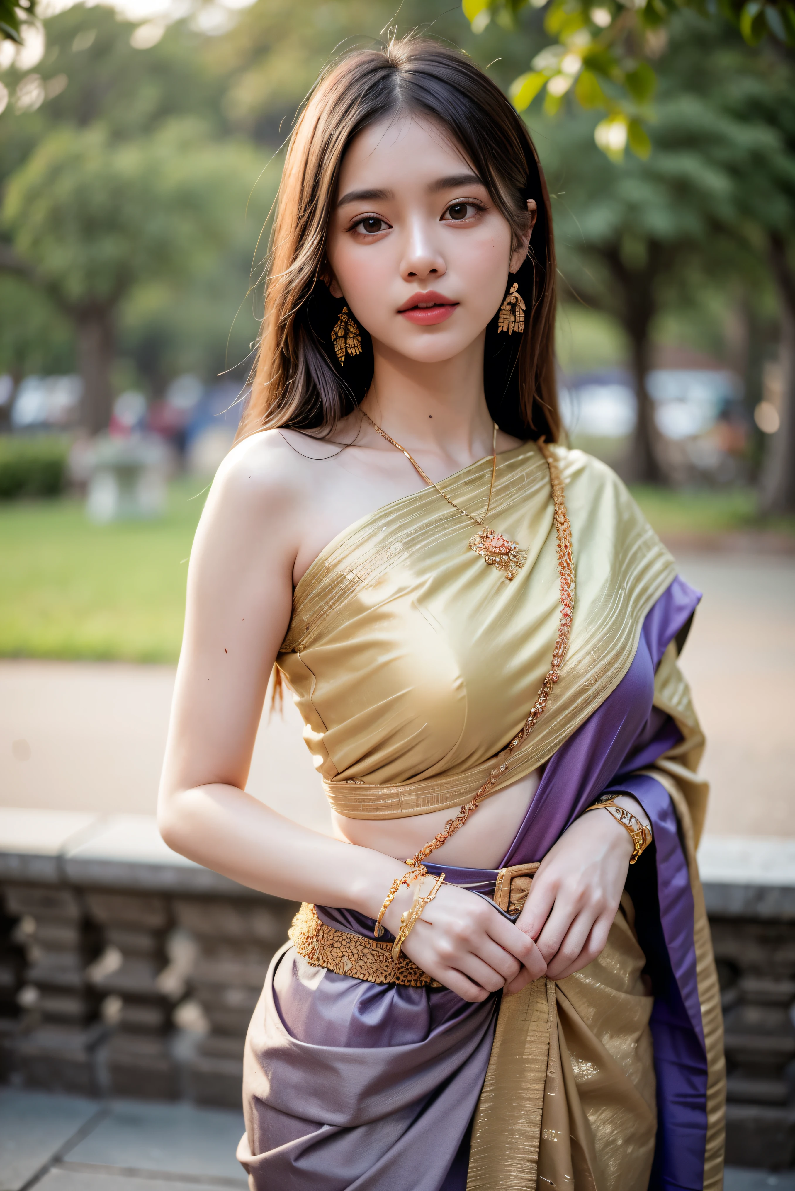 8K, ultra high detailed, an thai girl, cute face, happy, long hair, impressive hairstyle, detailed eyes, detailed lips, indian clothes, saree, golden saree, lace, wearing jewellery, nature background, flowers, afternoon, shadow, clear weather, whole body capture,nsfw